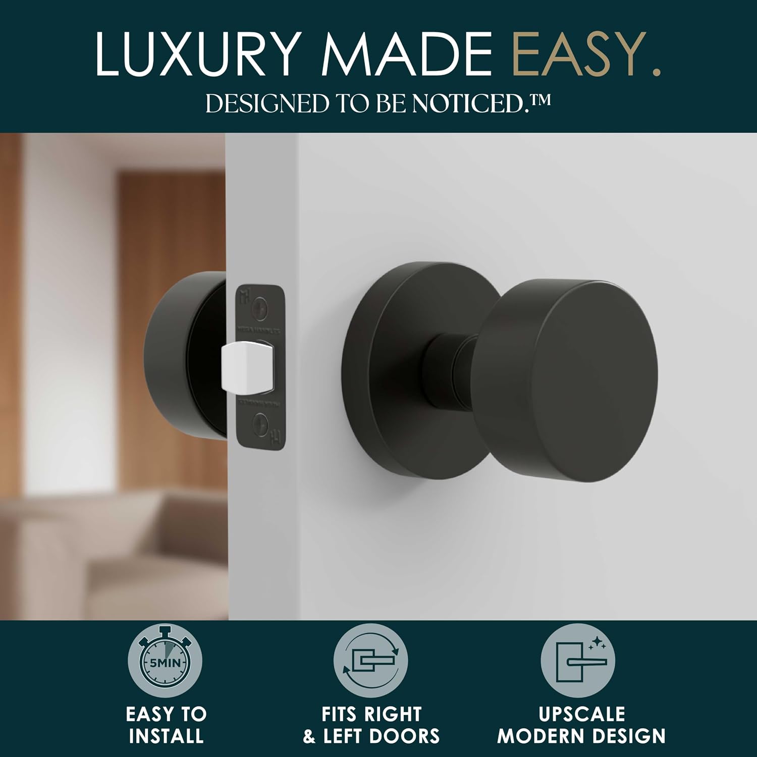 Mega Handles Buena Passage Door Knobs - 3 Pack Reversible Interior Door Knobs, Heavy Duty Matte Black Door Knob for Closet & Hallway, No Lock, Fits All Standard Door Sizes - Matte Black