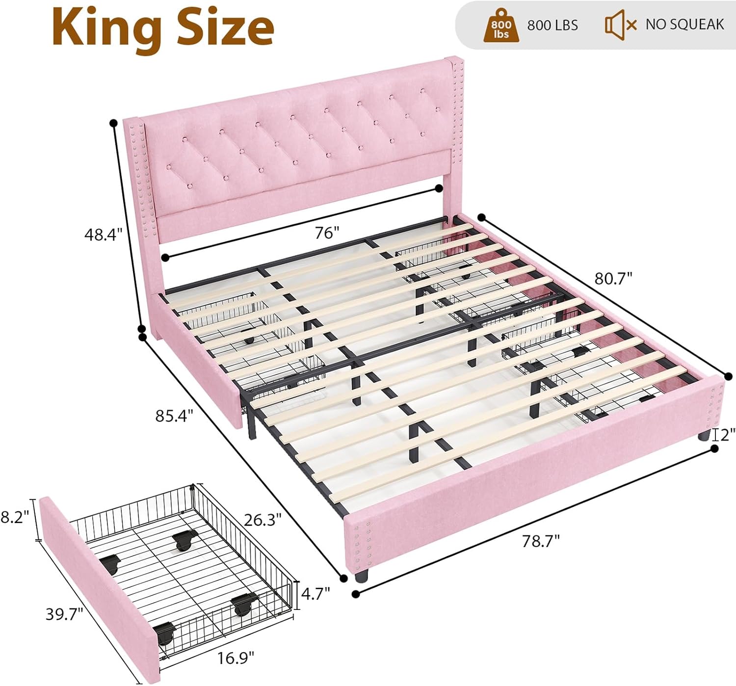 Brrnoo Metal Support King Bed Frame, Velvet Fabric Upholstered Headboard with Rivet Design, 4 Drawers, Easy Assembly for Home (Pink)