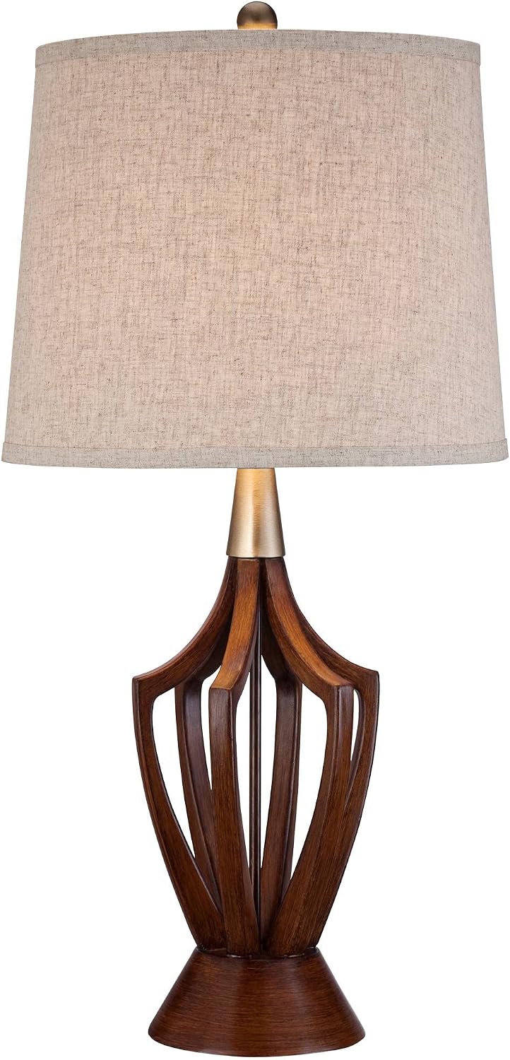 360 Lighting St. Claire Mid Century Modern 3-Way Table Lamp 30 3/4' Tall with USB Charging Port Wood Taupe Fabric Drum Shade for Bedroom Living Room Nightstand Bedside Night Stand Office