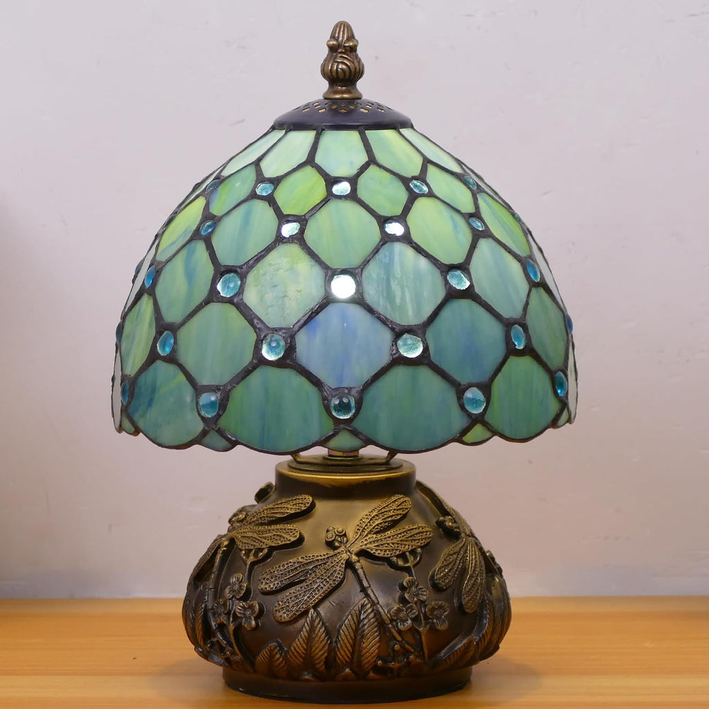 Small Tiffany Lamp Mini Stained Glass Table Lamp Sea Blue Pearl Style Mushroom Memory Sympathy Lamp 8X11 Inch