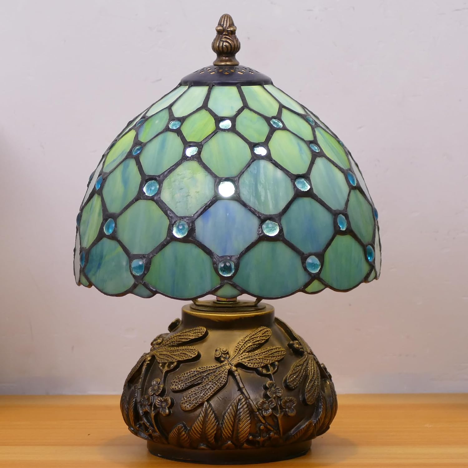 Small Tiffany Lamp Mini Stained Glass Table Lamp Sea Blue Pearl Style Mushroom Memory Sympathy Lamp 8X11 Inch