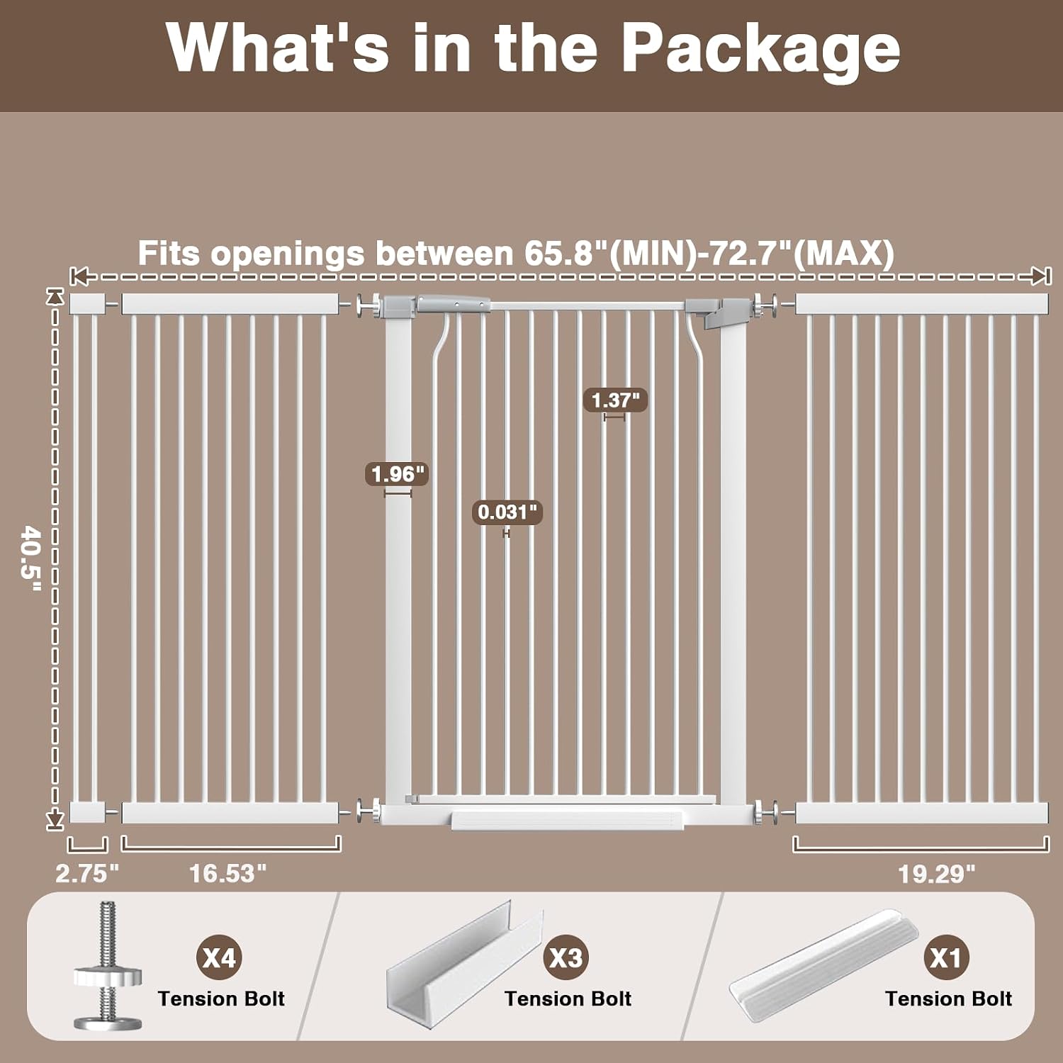 41' Extra Tall Baby Gate for Doorways and Stairs No Drill, Adjustable 65.8-72.2' Auto Close Dog Gate Indoor, Pressure Mounted Walk Through Swing Wide Pet Gate, Tall Cat Gate with Expansion Kit, White