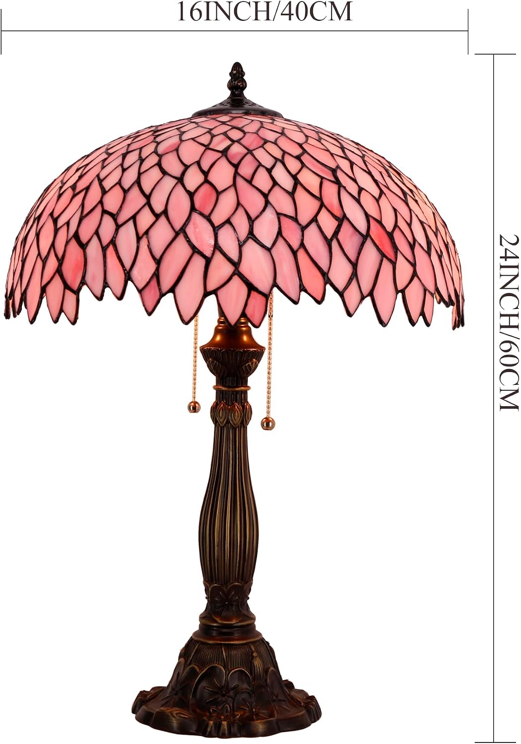 WERFACTORY Tiffany Lamp Stained Glass Style Bedside Table Lamp Pink Wisteria Desk Reading Light Resin Base 16X16X24 Inches Decor Bedroom Living Room Home Office S523P Series