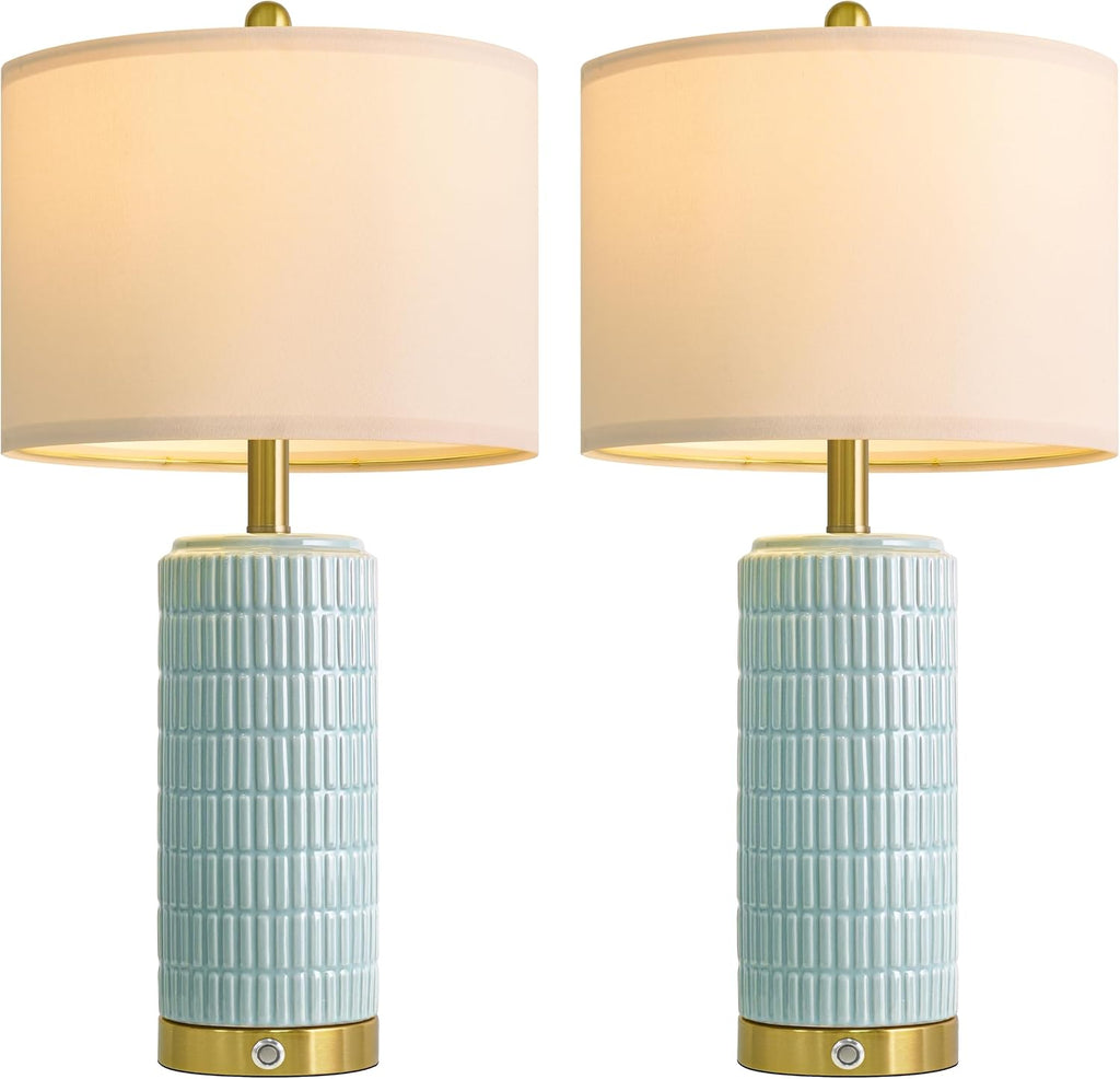 PoKat 25'' Bedside Table Lamps Set of 2 for Living Room, 3-Way Dimmable Touch Lamps for Bedroom, Modern Lamps for Nightstand with USB Ports, Coastal Blue Lamp for Office Sideboard (Bulbs Included)