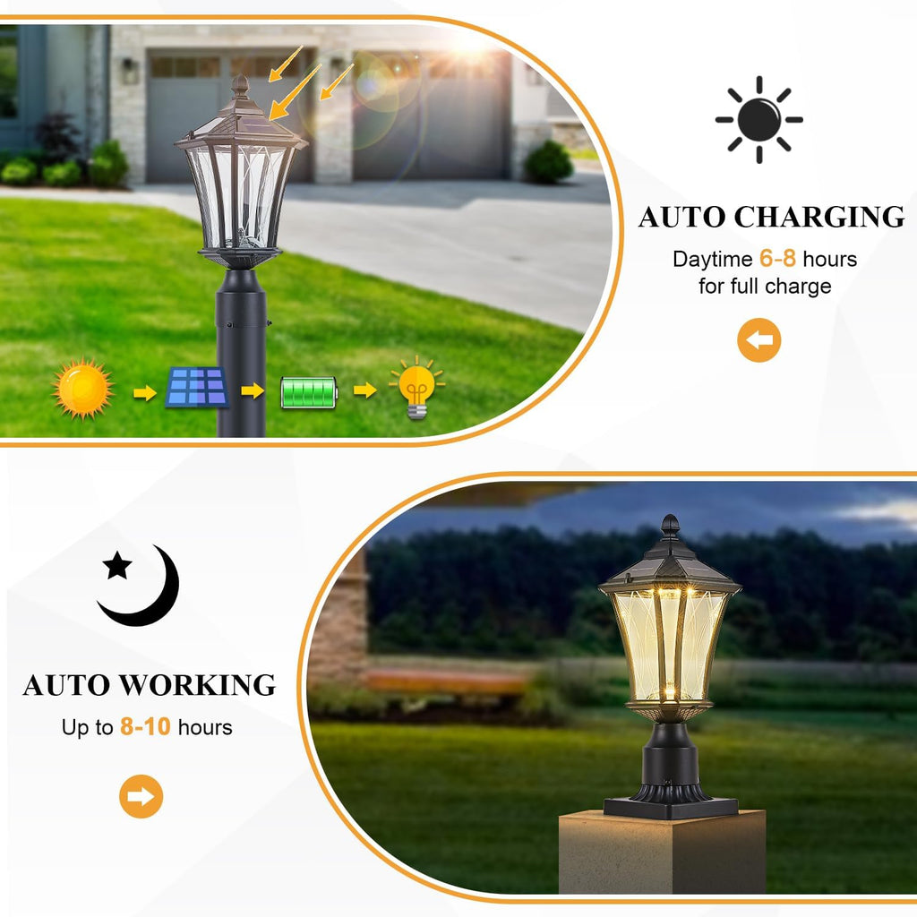 2 Pack Solar Post Lights with Pier Mount Base with Dusk to Dawn Sensor, Outdoor Pillar Lights with Toggle Switch Control, Waterproof Exterior Pole Lamps Head for Driveway, Patio, Garden, Black
