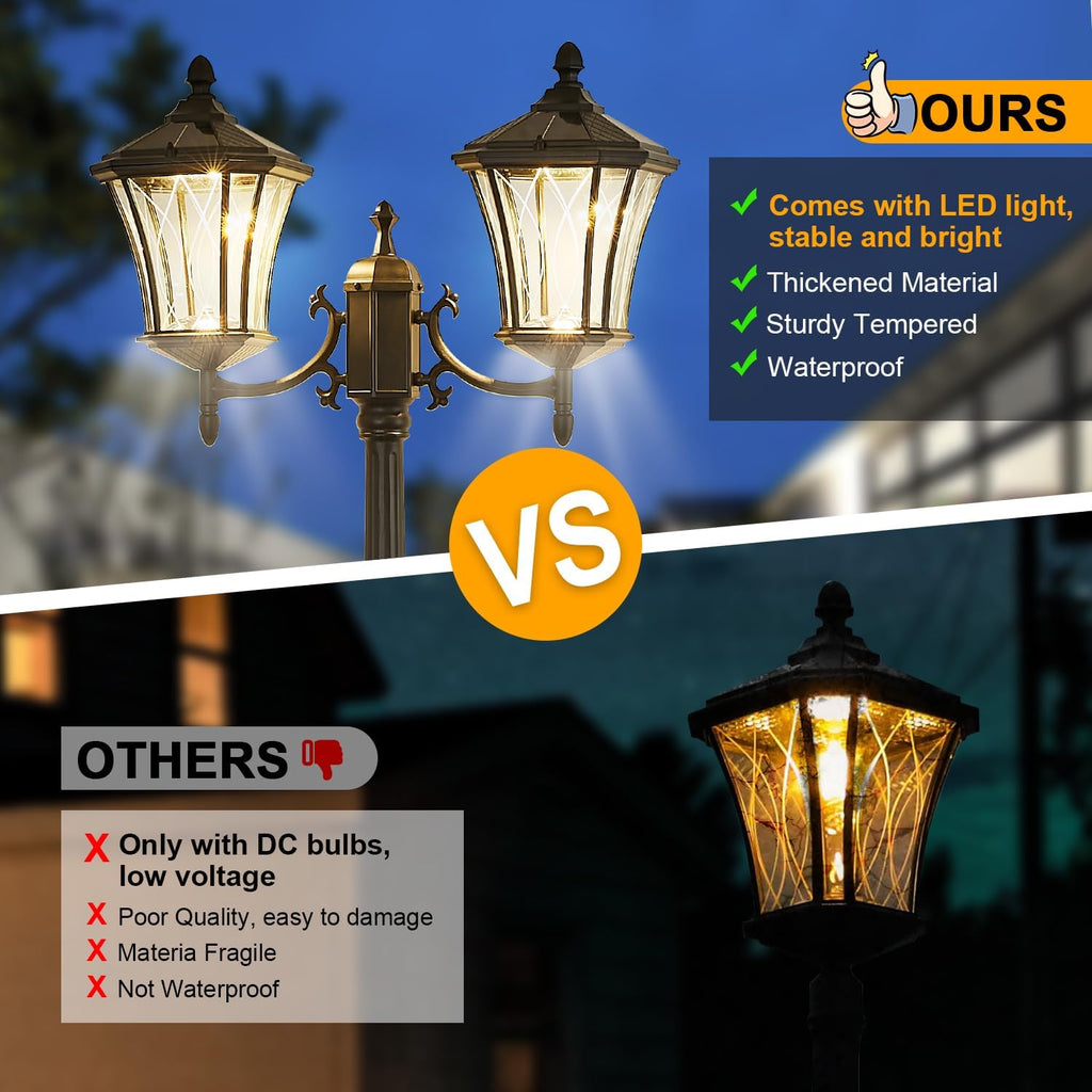 2-Head Outdoor Solar Lamp Post Lights with Waterproof, Dusk to Dawn Sensor Large Lantern Street Lights, Modern Solar Column Pole Light Fixtures for Outside, Garden, Driveway, Backyard, Black