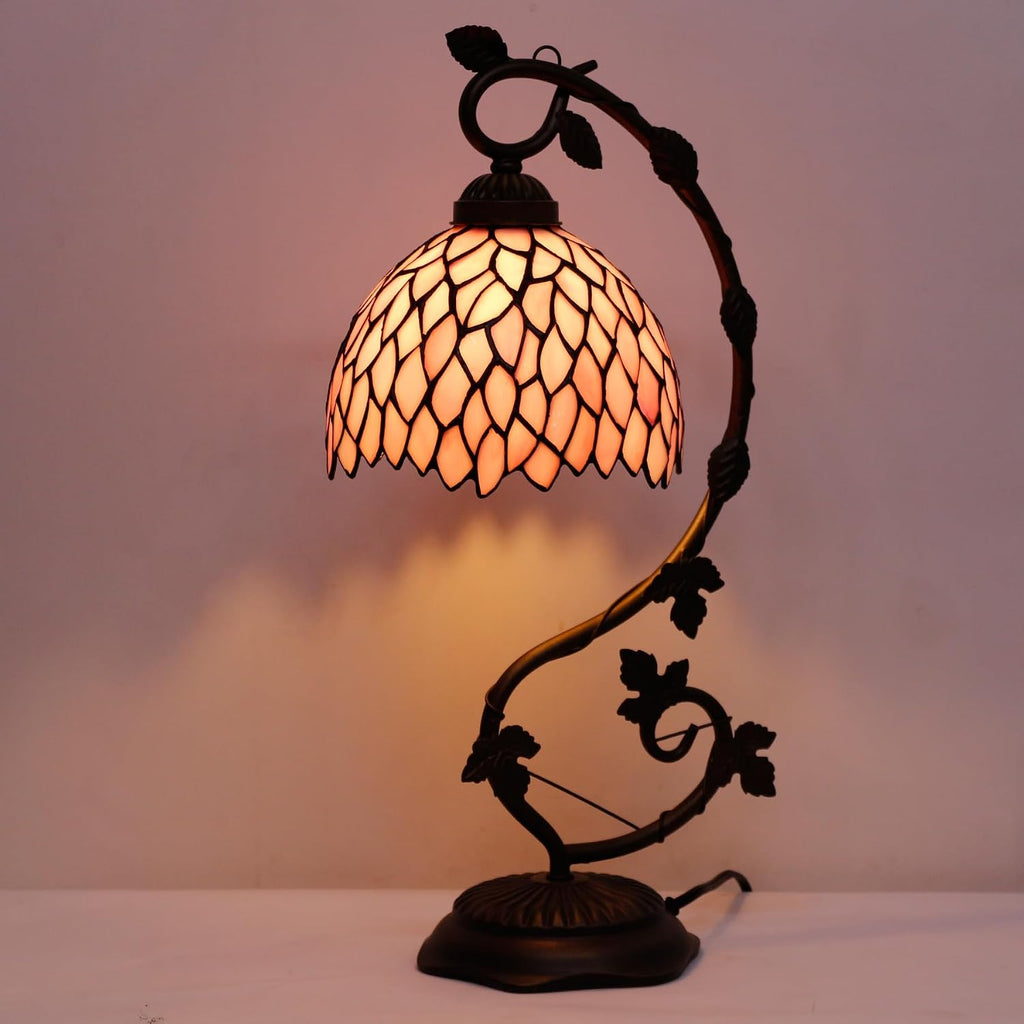 WERFACTORY Tiffany Lamp Pink Wisteria Style Stained Glass Table Desk Reading Light, Metal Leaf Base 8X10X21 Inches Decor Small Space Bedroom Home Office S523P Series