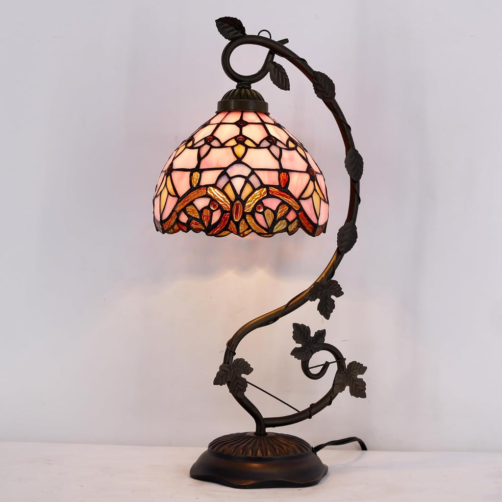 WERFACTORY Tiffany Table Lamp Pink Stained Glass Baroque Style Reading Desk Light, Metal Leaf Base 8X10X21 Inches Decor Small Space Bedside Bedroom Home Office S003P Series