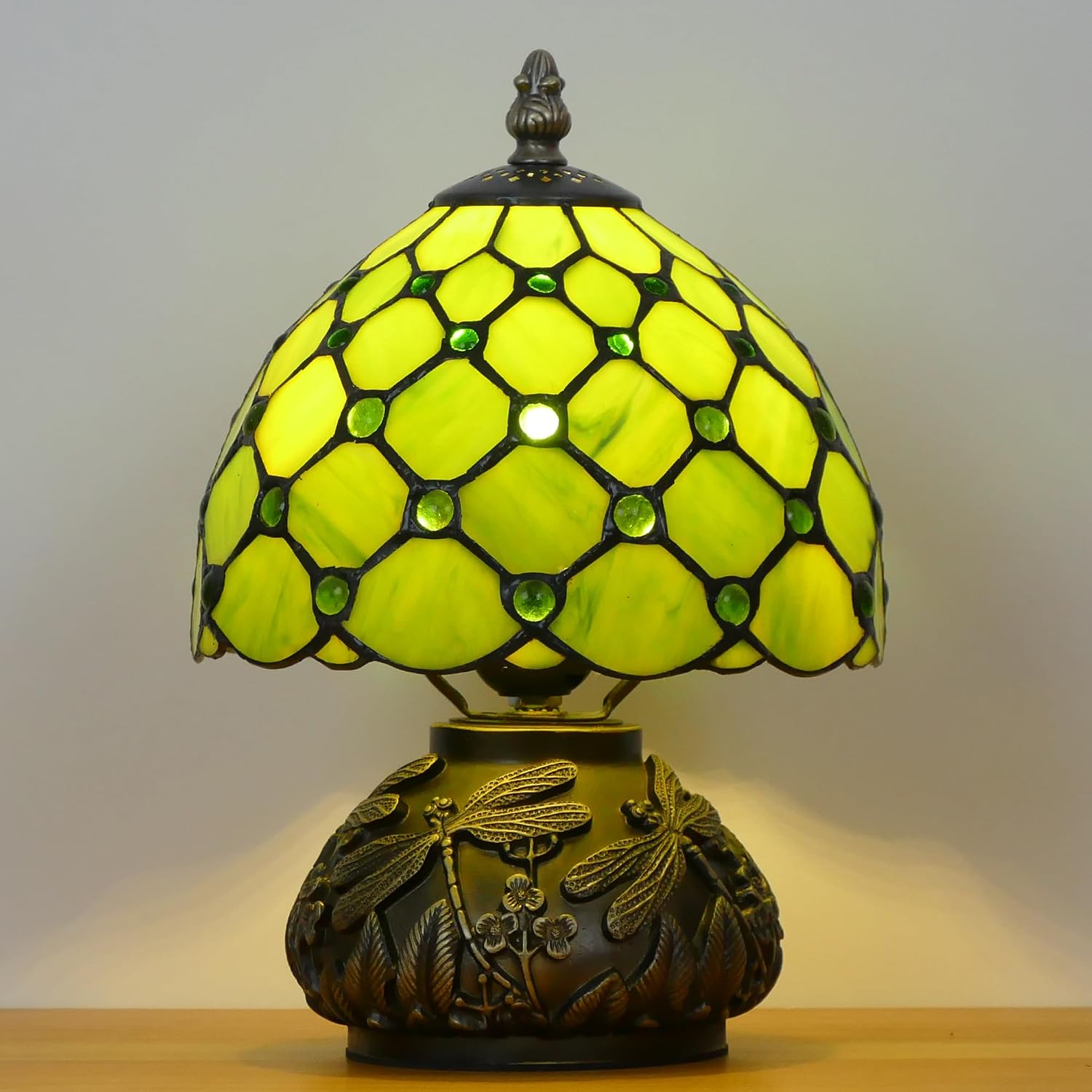 Small Tiffany Lamp Mini Stained Glass Table Lamp Green Yellow Pearl Style Mushroom Accent Lamp 8X11 Inch