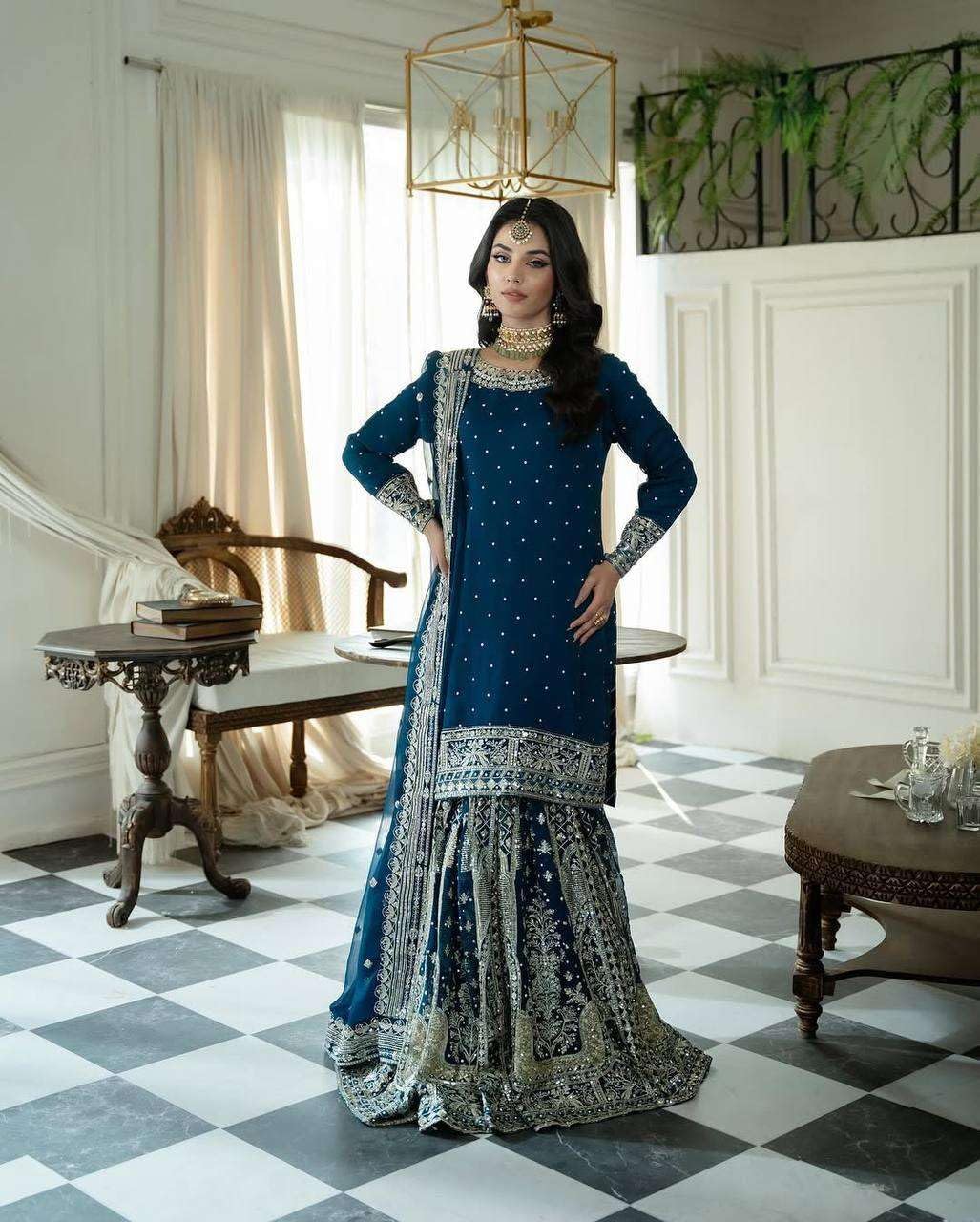 Narayan art and craft Women's Faux Georgette Embroidered Straight Kurta with Sharara & Dupatta Set with Rivet Moti Work