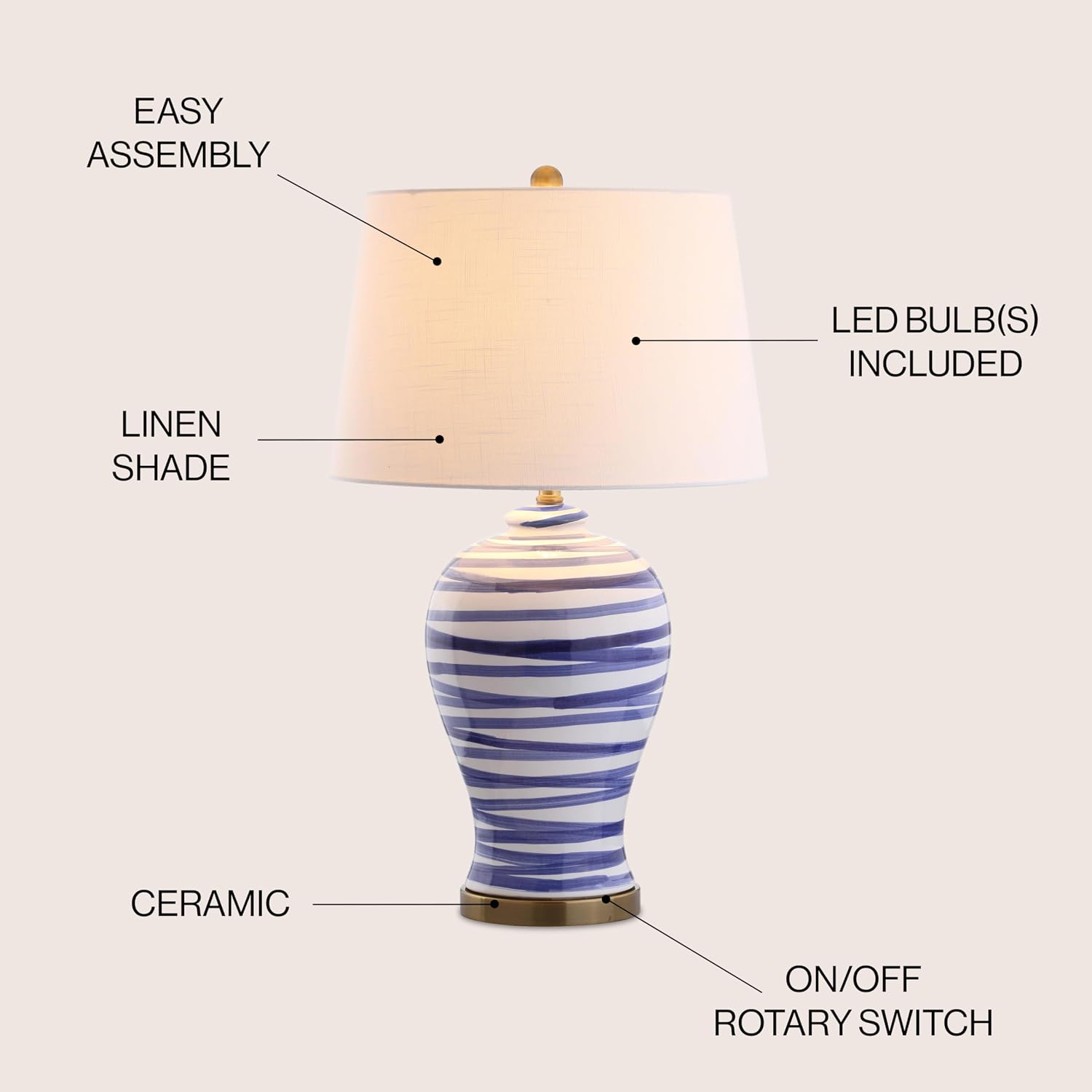 JONATHAN Y 29' Blue/White Ceramic Table Lamp for Living Room Bedroom Office, Modern Coastal Bedside Lamp with White Linen Shade, Traditional Nightstand Lamp, LED Bulb JYL3016A