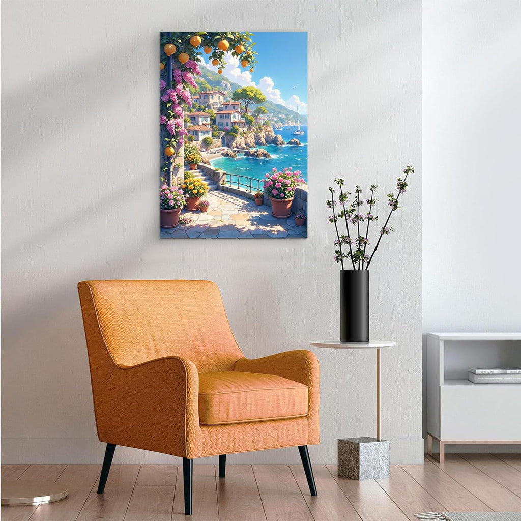 Italian Amalfi Coast Lemon Tree Garden Mediterranean Style Wall Art | Wrapped canvas, space display, nature landscape poster, Mediterranean style, no glare
