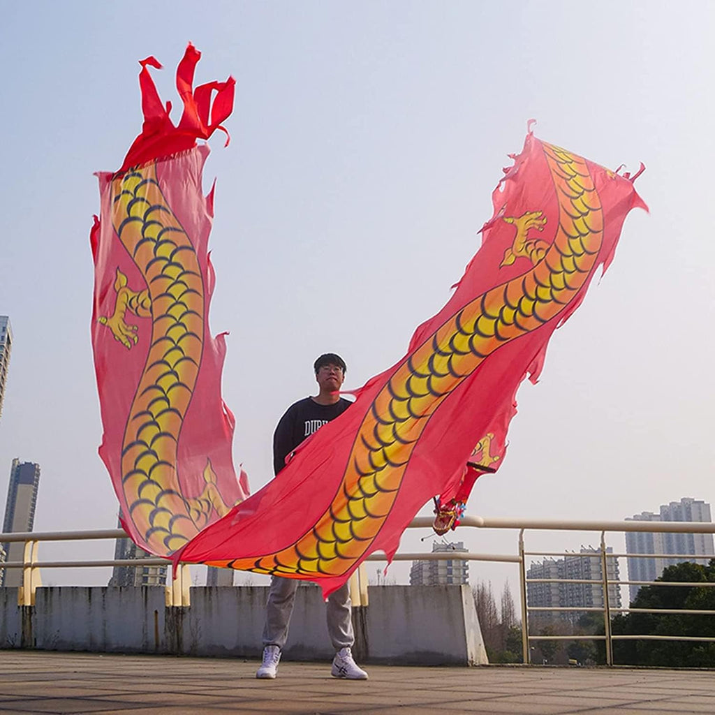 Dragon Dance Ribbon Shaking Poi Fitness Dragon Dance Ribbon Streamer with Dragon Head Silk Flowy Shaking Flinging Chinese Dragon Dance Ribbon Streamers Shows Prop