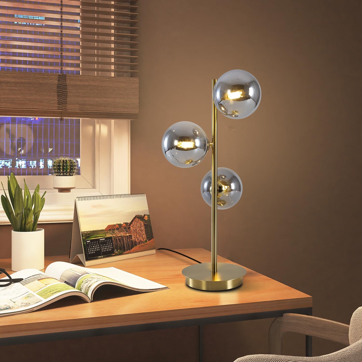 Mid Century Globe Table Lamp, Modern 3 Lights Gold Brass Desk Lamp, Contemporary Smoky Grey Glass Globe Bedside Lamp for Bedroom Living Room Study Room