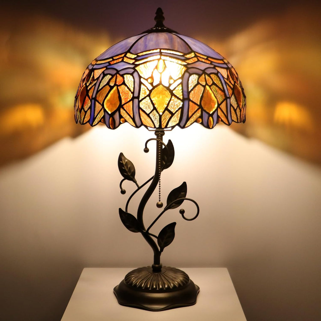 Tiffany Lamp Purple Brown Jewelry Baroque Style Stained Glass Table Lamp Desk Bedside Reading Light 12X12X19 Inches Bronze Resin Metal Leaf Base