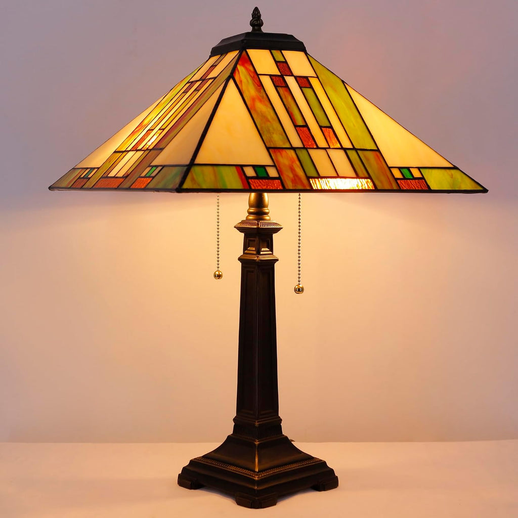 Tiffany Table Lamp Blue White Brown Mission Style Stained Glass 16X16X23 Inches Desk Reading Light for Bedrooms Living Room Study Home Office