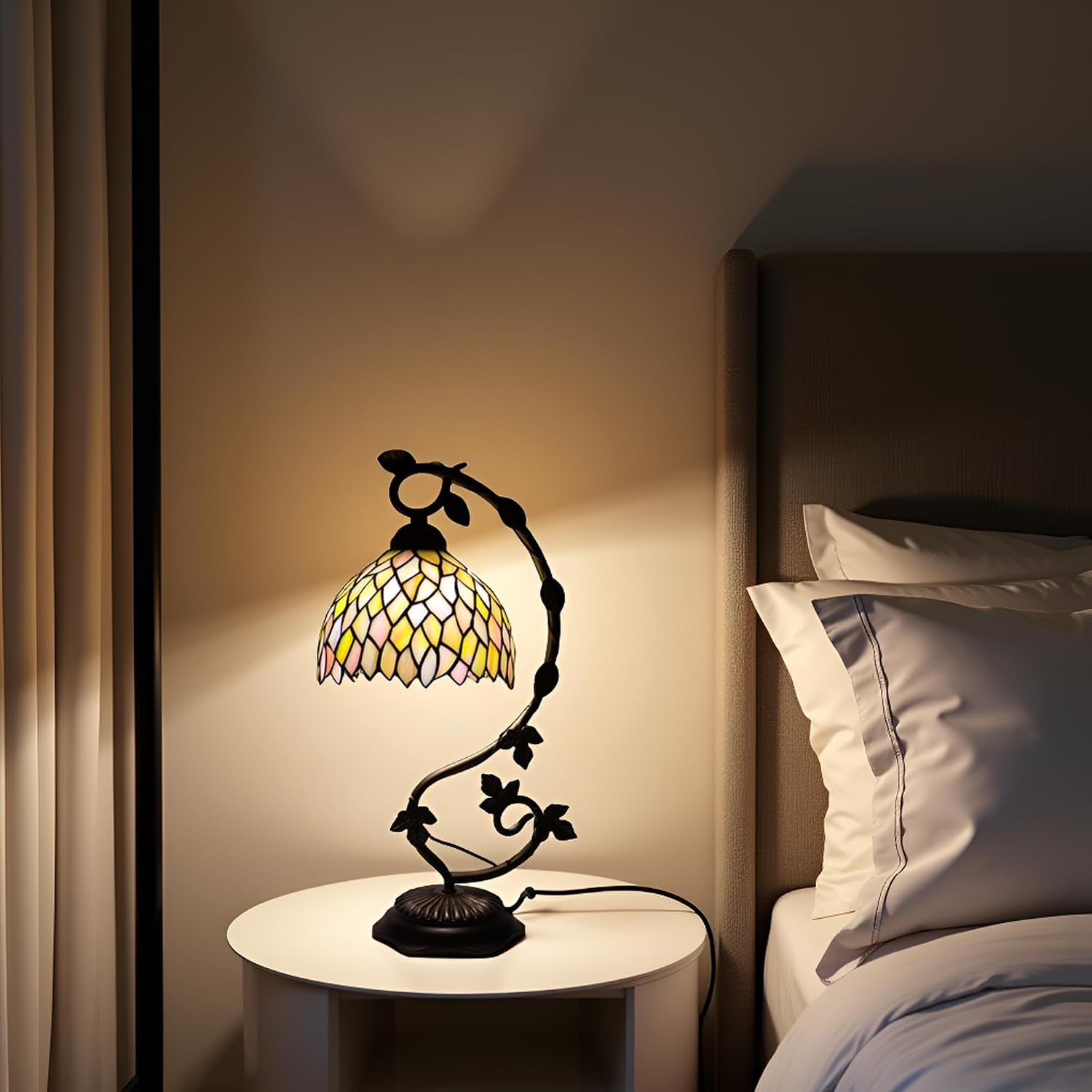 Tiffany Table Lamp, Stained Glass Desk Reading Light,Metal Leaf Table Lamp Base 8X10X21 Inches (Seven Color Wisteria)