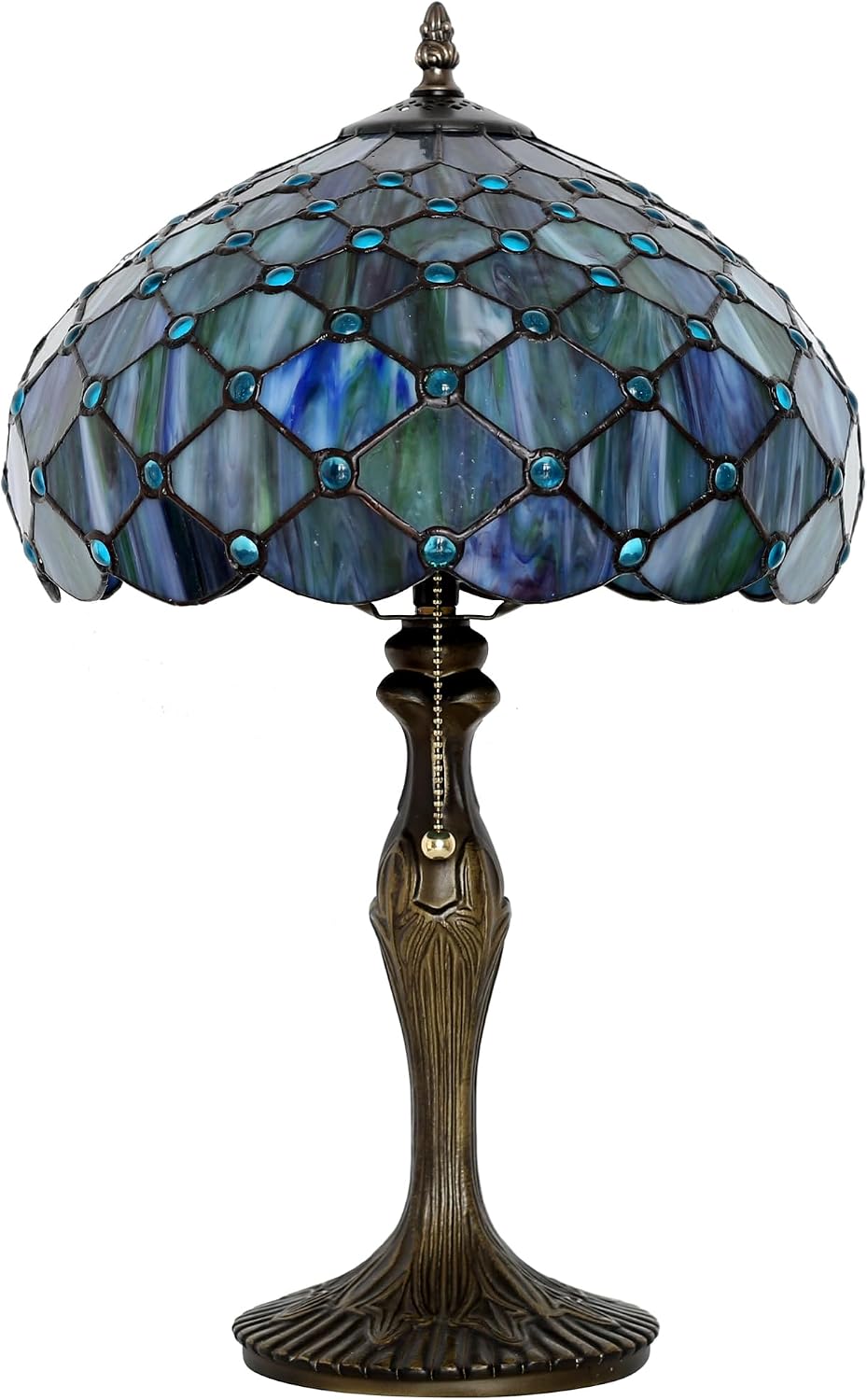 Tiffany Lamp Stained Glass Table Lamp 12' x 19' Blue Beads Style Decorative Lamp Bedside Reading Lamp for Desk Living Room Bedroom Office Study Light Home Decor Gift
