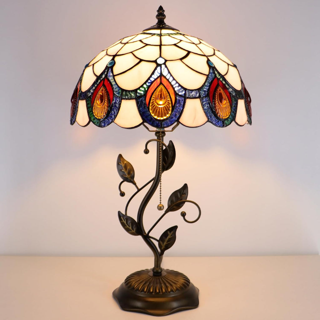 Tiffany Lamp Pink Peacock Tail Style Stained Glass Table Lamp Desk Bedside Reading Light 12X12X19 Inches with Metal Leaf Base