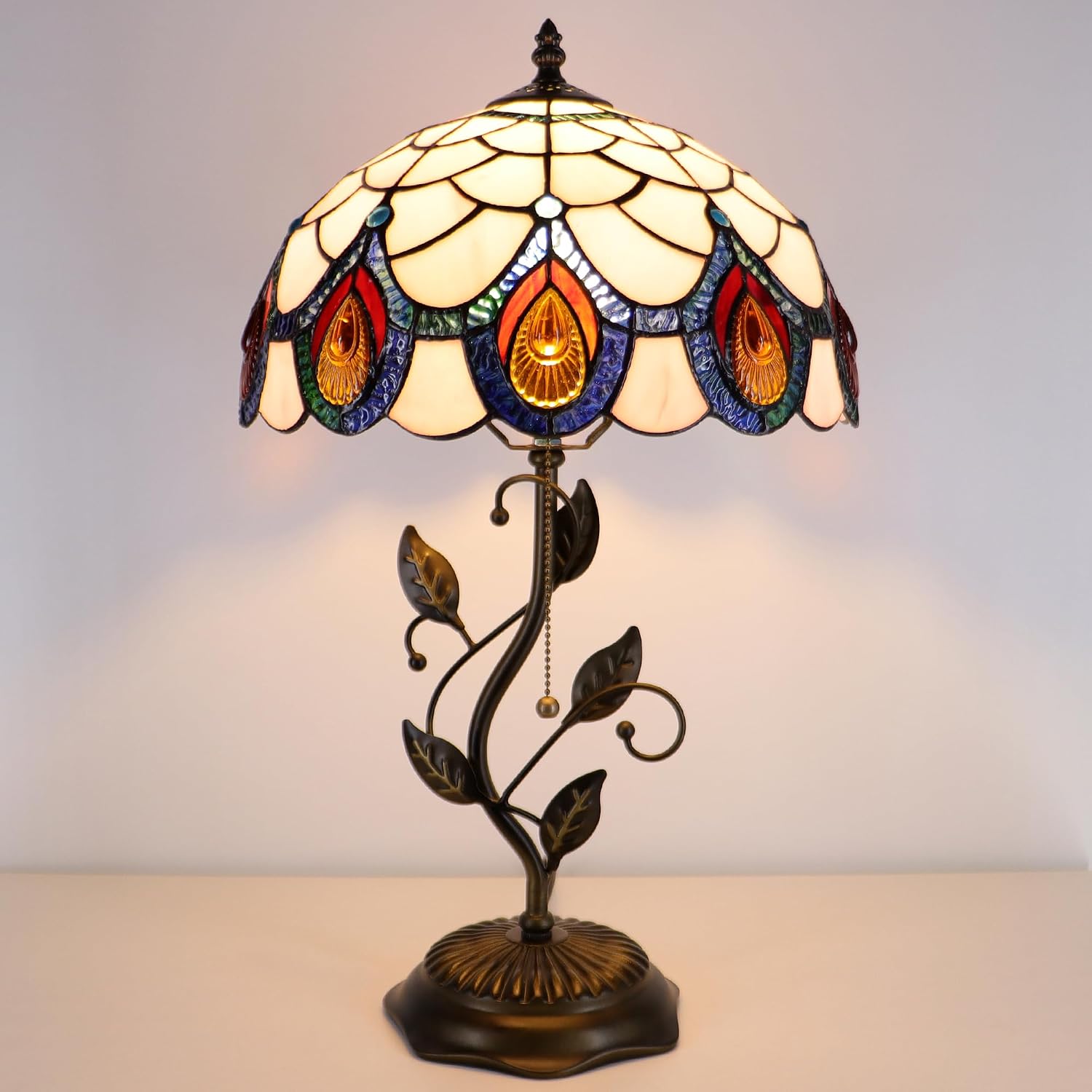 Tiffany Lamp Pink Peacock Tail Style Stained Glass Table Lamp Desk Bedside Reading Light 12X12X19 Inches with Metal Leaf Base