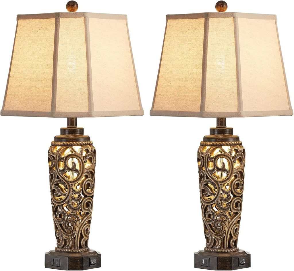 AIEAMPDO 27' Set of 2 Farmhouse Table Lamps for Living Room with USB A+C Ports, Vintage Nightstand Bedroom Lamp and Nightlight, Hollow Out Resin Desk Lamps, 2 Bulbs Include