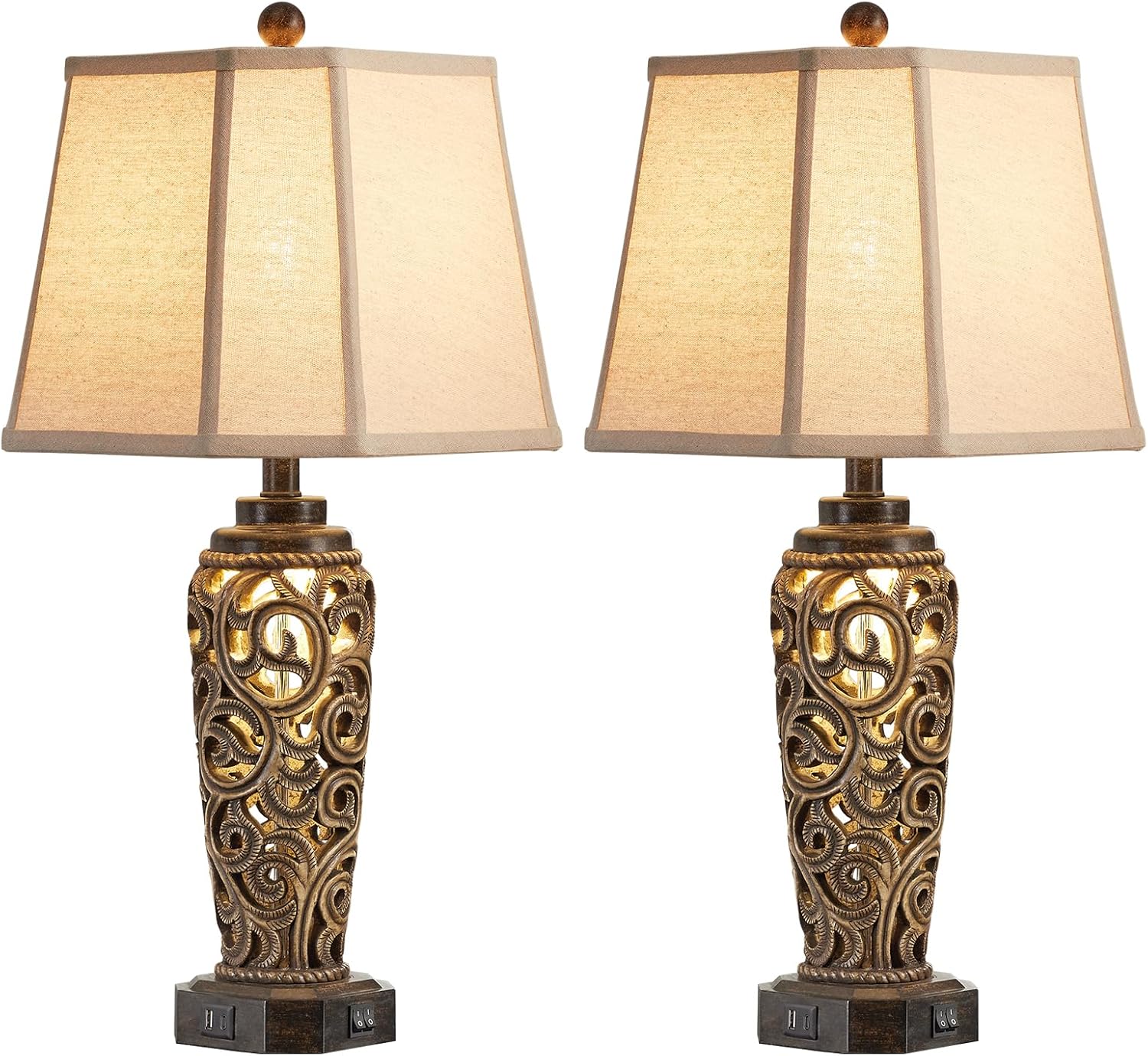AIEAMPDO 27' Set of 2 Farmhouse Table Lamps for Living Room with USB A+C Ports, Vintage Nightstand Bedroom Lamp and Nightlight, Hollow Out Resin Desk Lamps, 2 Bulbs Include