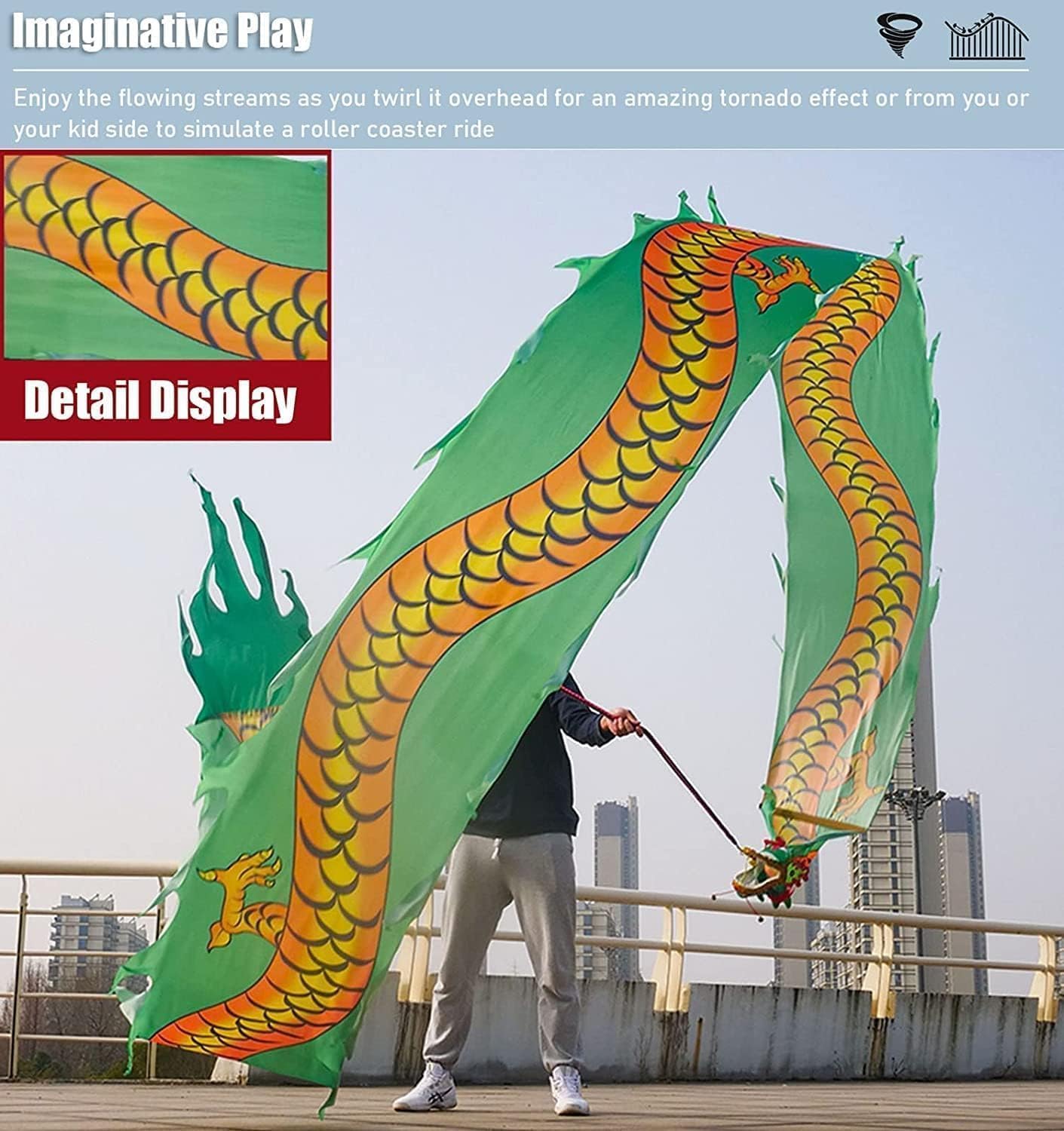 Lion Dance Cloth Silk Streamer Dragon Dance Ribbon with Head Flowy Shaking Flinging Lion Dragon Dances(C,8m/26ft)