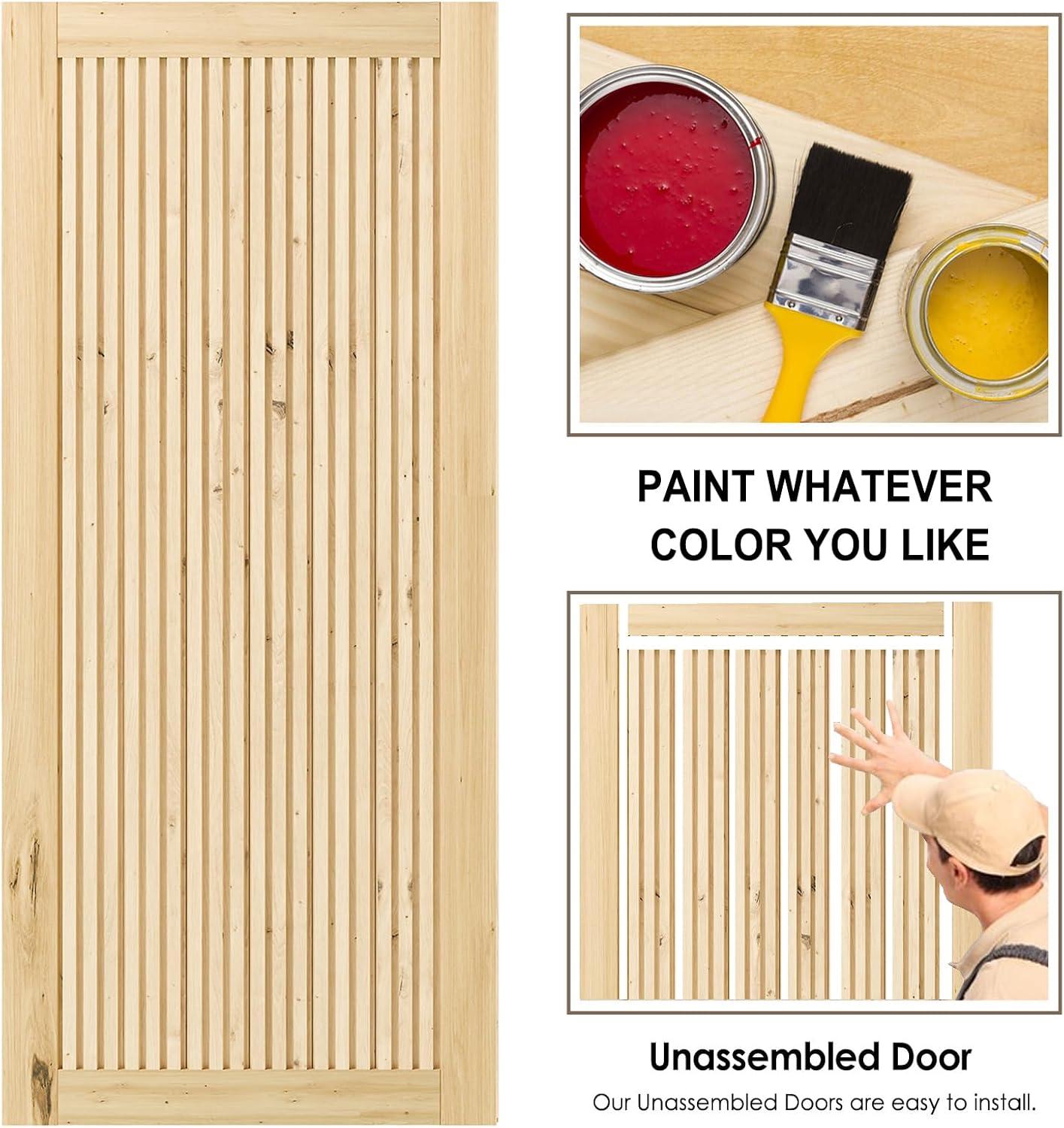 BARNER HOME 30in x 84in Pine Wood Barn Door, 1-lite Decorative Sliding Door with Hardware Kit Included, Pre-Drilled Easy to Assemble, DIY Unfinished Solid Core Single Door, Natural