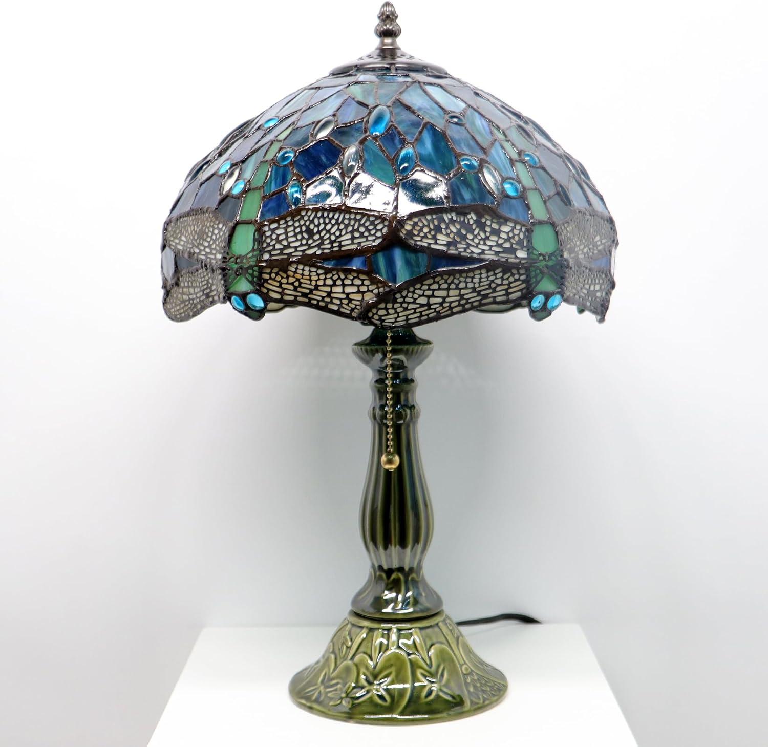Tiffany Lamp Stained Glass Table Lamps Sea Blue Dragonfly Style Desk Lamp 12X12X18.5 Inch Bronze Ceramic Base Reading Light Suitable for Bedside Bedroom Living Room Dining Room Office