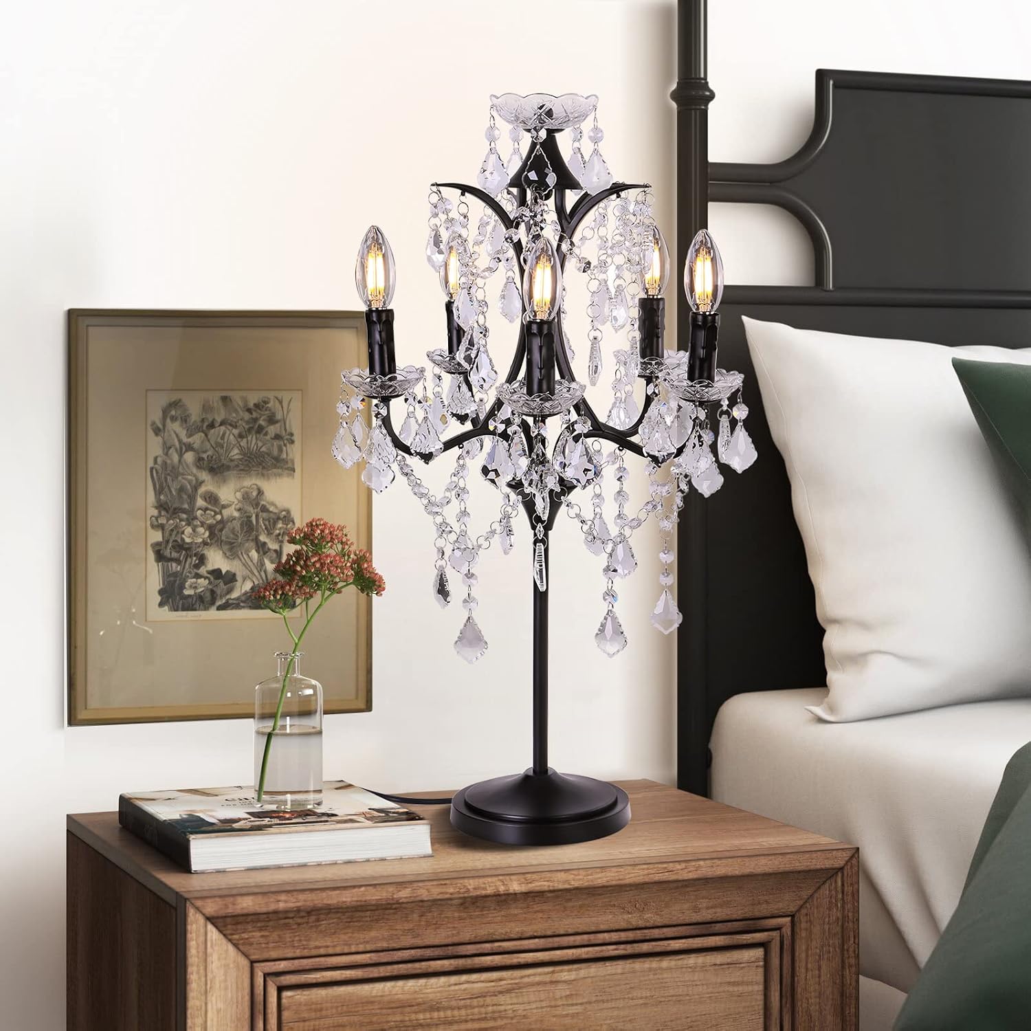 TOCHIC 5-Light Farmhouse Tranditional Crystal Table Lamp, Black Craft Candelabra Lighting Fixture 30'' Tall for Living Room, Reading Room, Bedroom, Office