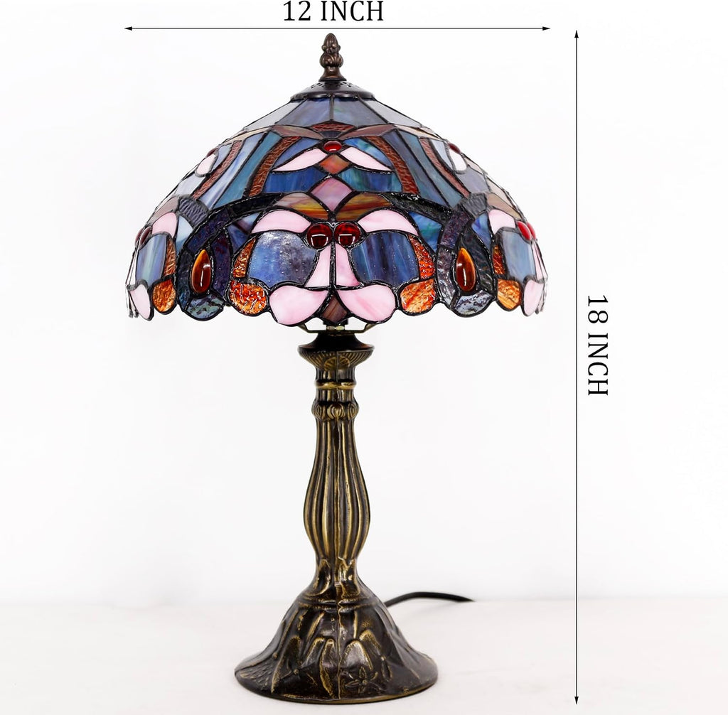 WERFACTORY Tiffany Lamp Blue Pink Stained Glass Table Lamp Reading Light 12X12X18 Inches Decor Bedroom Living Room Home Office S830B Series