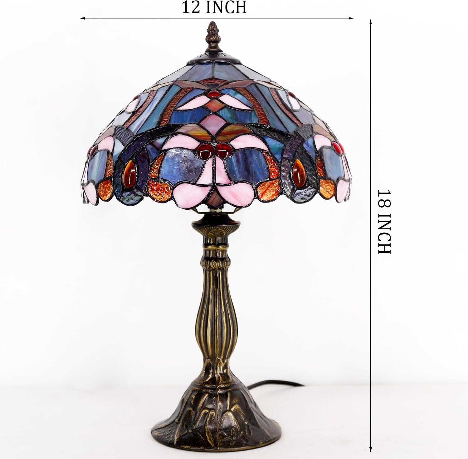 WERFACTORY Tiffany Lamp Blue Pink Stained Glass Table Lamp Reading Light 12X12X18 Inches Decor Bedroom Living Room Home Office S830B Series