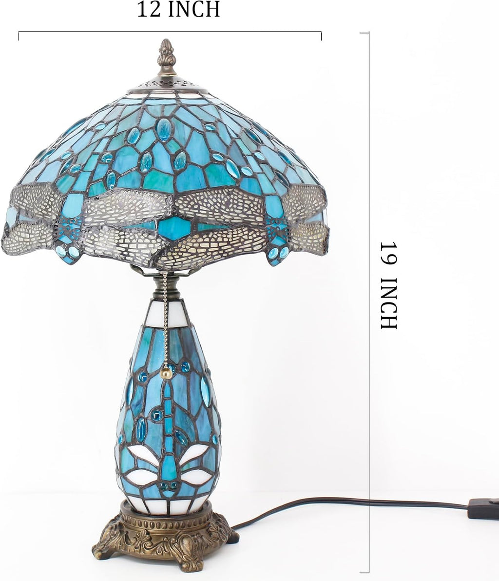 Tiffany Lamp Stained Glass Table Lamp 12X19 Inches Mother Daughter Vase Desk Accent Night Light for Bedroom Bedside Reading Home Antique Style (Green Dragonfly)