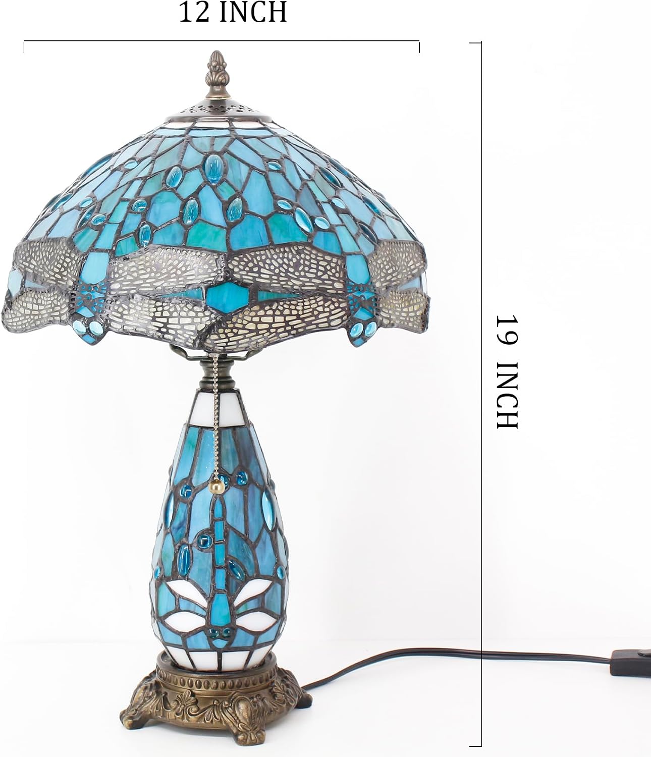Tiffany Lamp Stained Glass Table Lamp 12X19 Inches Mother Daughter Vase Desk Accent Night Light for Bedroom Bedside Reading Home Antique Style (Green Dragonfly)