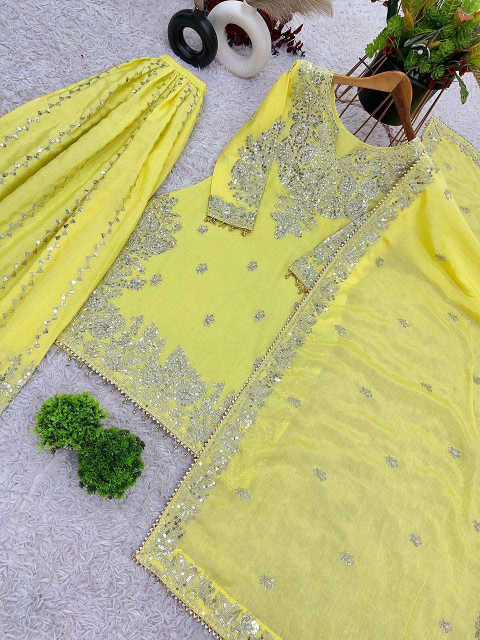 Vaidehi craft Women's Chinon Silk Embroidered Kurti With Sharara & Dupatta Set with Rivet Moti Work