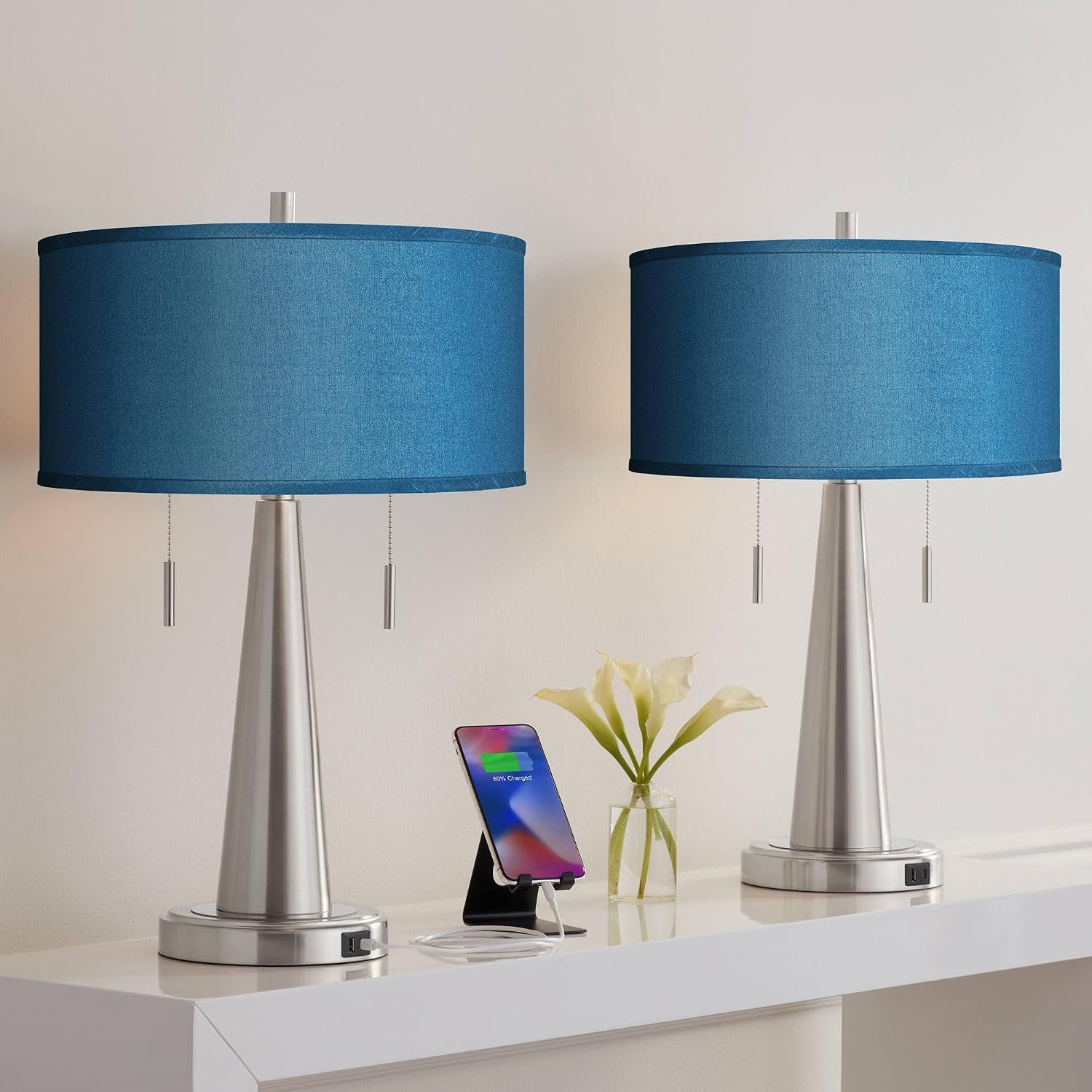 Possini Euro Design Vicki Modern Accent Table Lamps 23' High Set of 2 with USB Charging Port Brushed Nickel Blue Faux Silk Drum Shade for Living Room Desk Bedroom House Bedside Nightstand Home