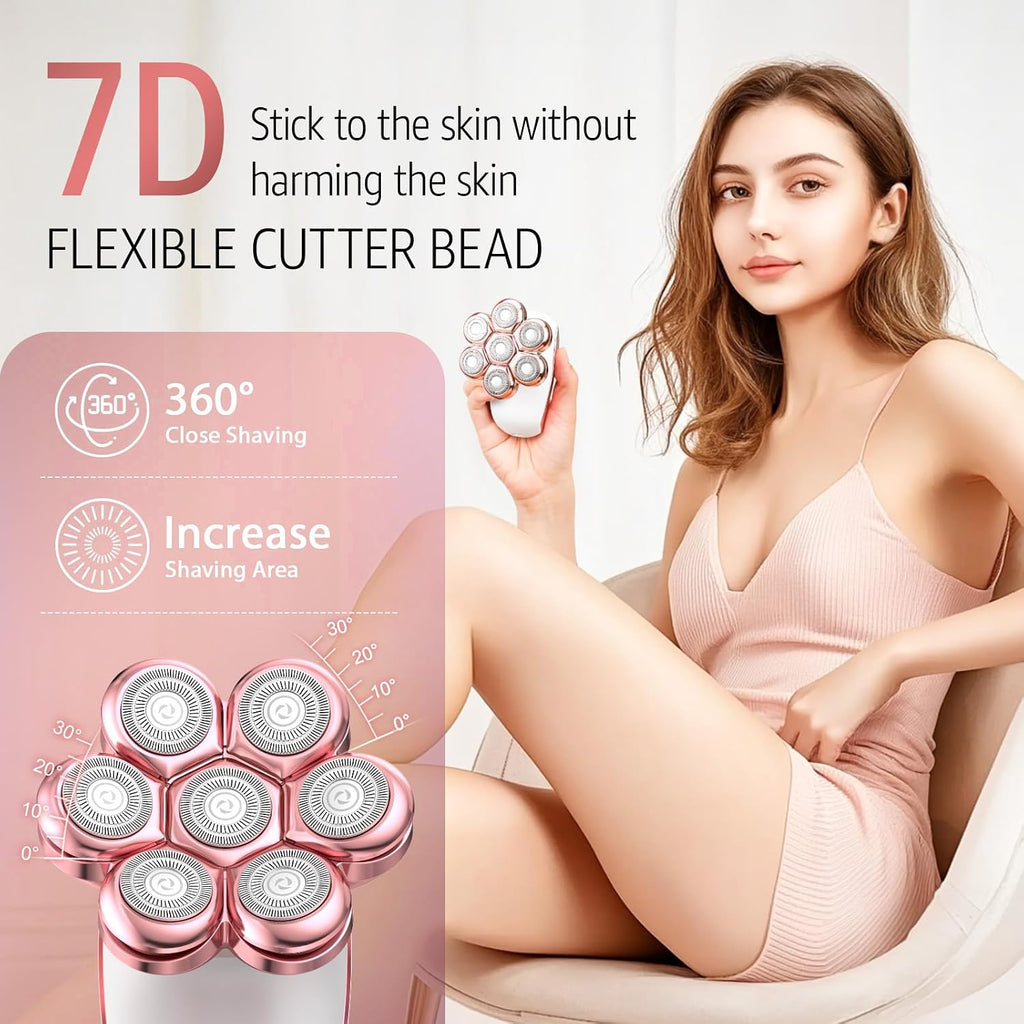 SHPAVVER Electric Razors for Women Legs: 7D Floating Head Electric Shaver - IPX7 Waterproof Wet Dry Hair Remover - LED Display & Travel Lock for Body Face Bikini (Light Pink)