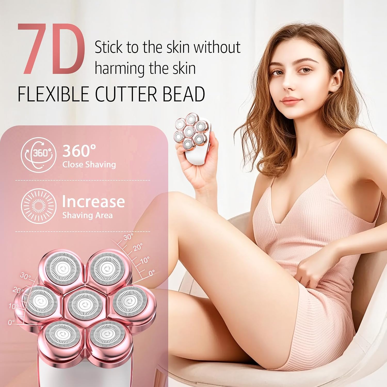 SHPAVVER Electric Razors for Women Legs: 7D Floating Head Electric Shaver - IPX7 Waterproof Wet Dry Hair Remover - LED Display & Travel Lock for Body Face Bikini (Light Pink)