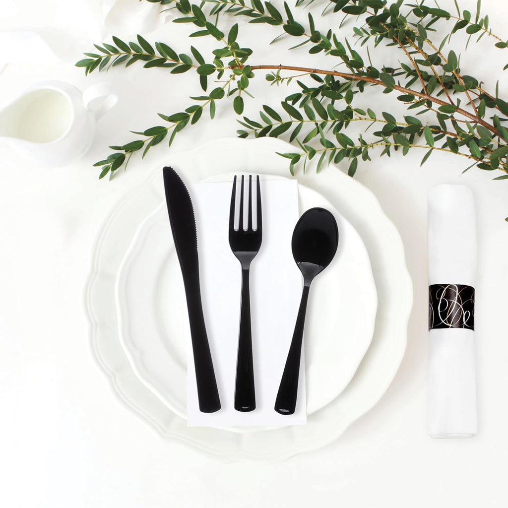 Party Essentials - N501732 Extra Heavy Duty Cutlery Kit with Black Fork/Knife/Spoon and 3-Ply White Napkin (Case of 300 rolls)