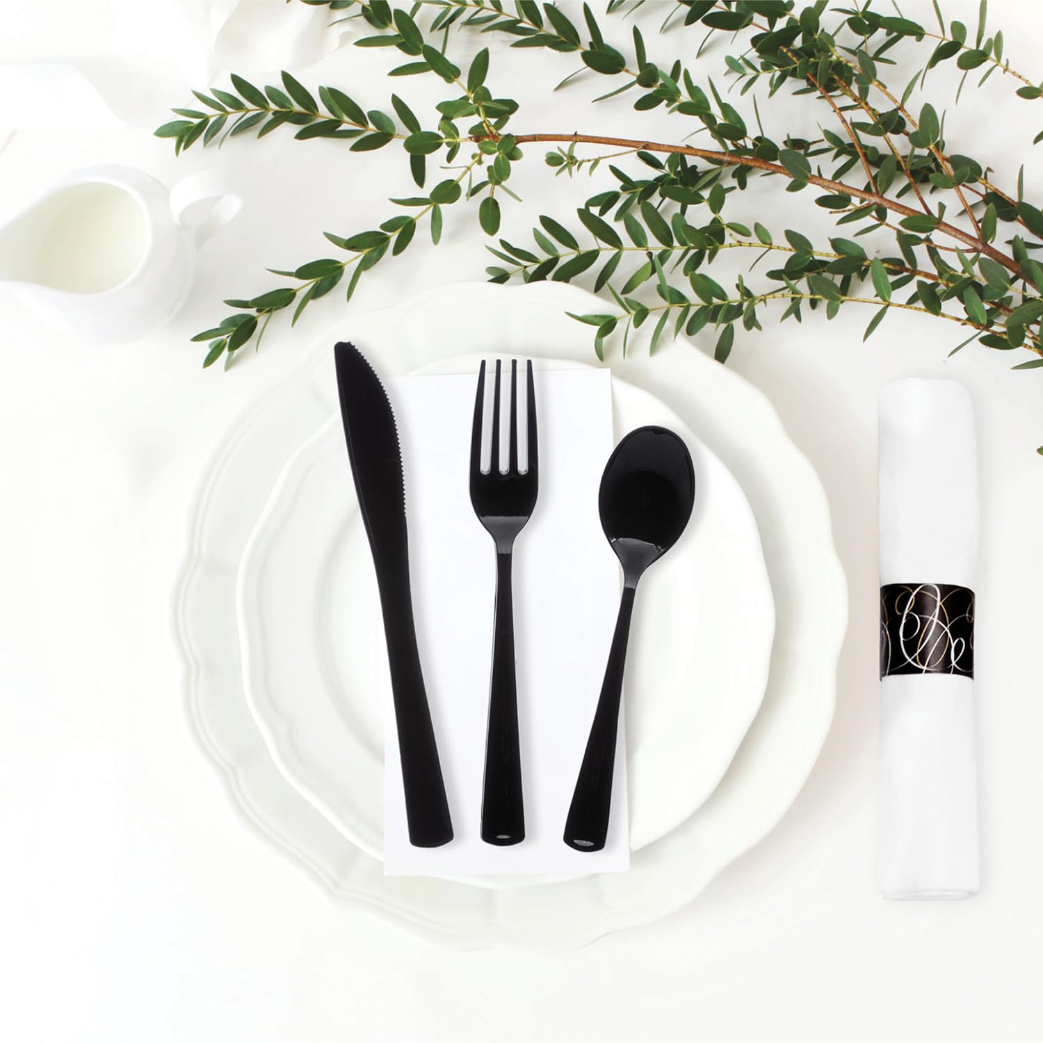 Party Essentials - N501732 Extra Heavy Duty Cutlery Kit with Black Fork/Knife/Spoon and 3-Ply White Napkin (Case of 300 rolls)