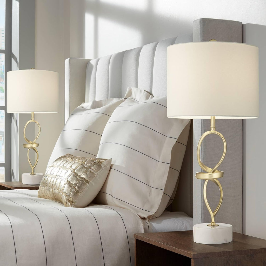 360 Lighting Liza 26 1/2' Tall Luxe Modern Glam Table Lamps Set of 2 Gold Sculptural Living Room Bedroom Bedside Nightstand House Office Home Reading Kitchen Entryway Linen White Shade