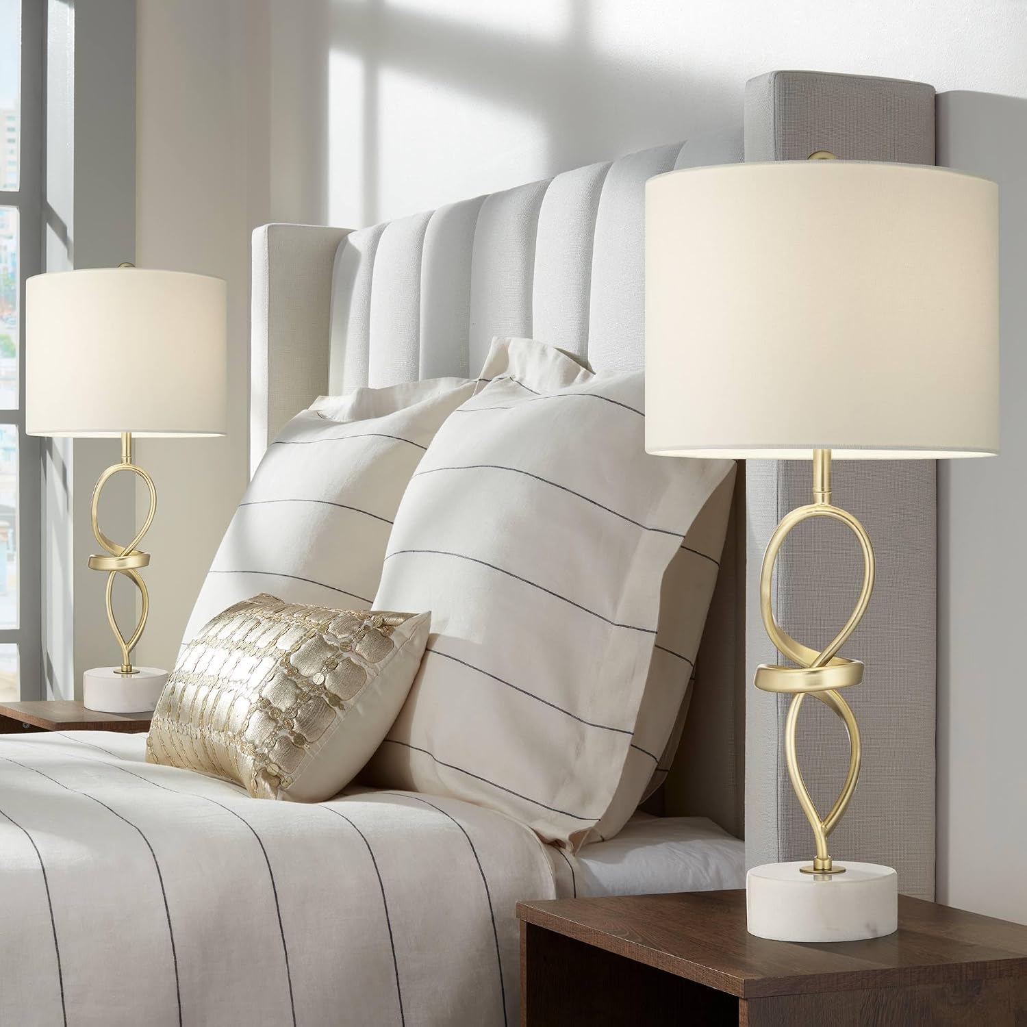 360 Lighting Liza 26 1/2' Tall Luxe Modern Glam Table Lamps Set of 2 Gold Sculptural Living Room Bedroom Bedside Nightstand House Office Home Reading Kitchen Entryway Linen White Shade