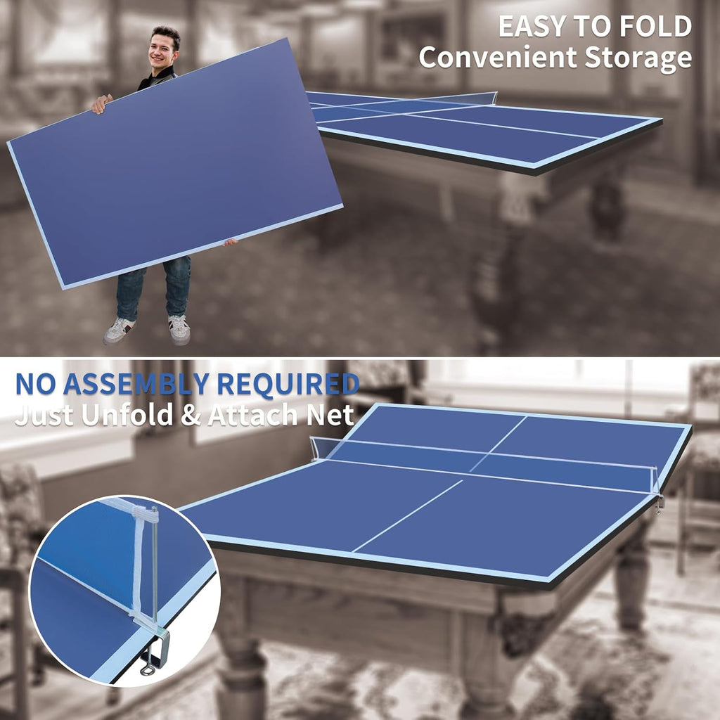 Foldable Ping Pong Table Top for Billiard Table, 9x5FT Table Tennis Table Topper for Pool Table, Indoor Outdoor Portable Table Tennis Conversion Top w/Net & Foam Padding