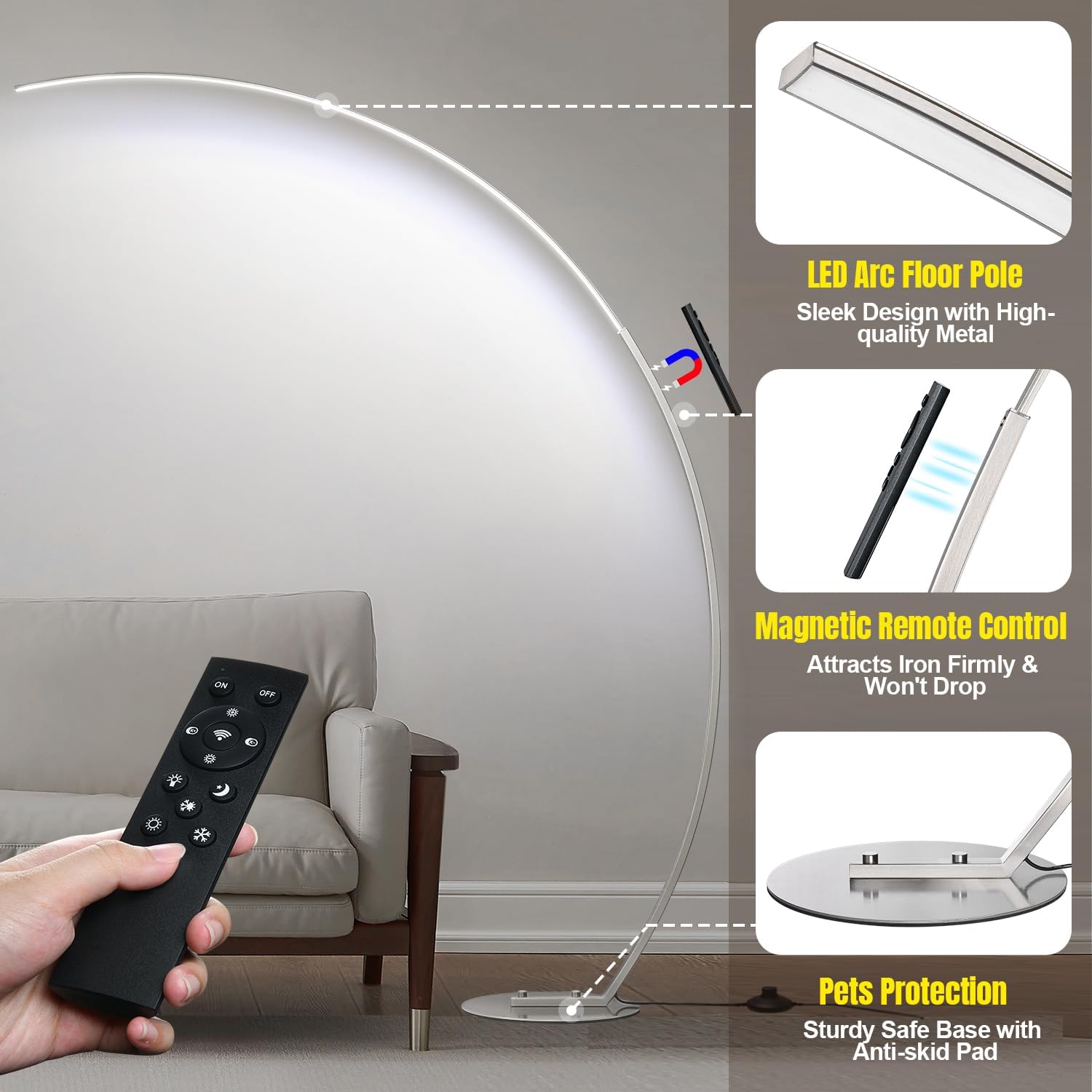 Dimmable LED Floor Lamp with 3 Color Temperatures, Ultra Bright 2000LM Brushed Nickel Arc Floor Lamps for Living Room, Modern Tall Lamp with Remote Control Reading Floor Lamp for Bedroom Office