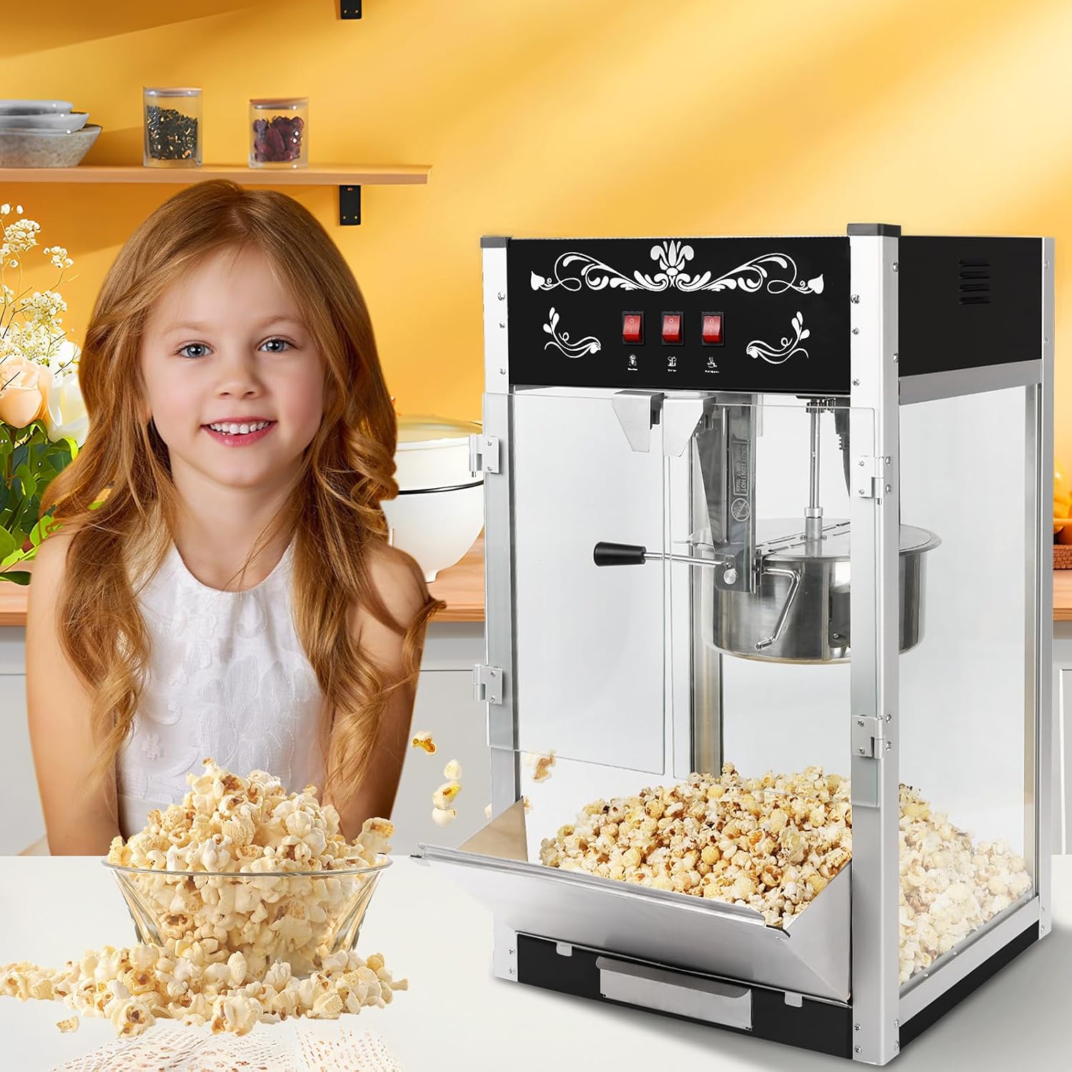 Commercial Popcorn Machine, 16 Oz Kettle, 1440 W, Movie Theater Popcorn Machine, Black Tabletop Pop Corn Machine with 3-Switch Control & Steel Frame Tempered Glass Doors(Black, 16 oz)