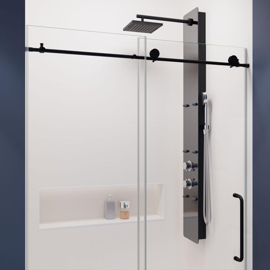 ANZZI 76' x 48' Frameless Shower Door, Matte Black, Madam Complete Shower Kit, Water Repellent Sliding Glass Panel + Bottom Seal Strip Parts + Easy Glide Rollers (SD-AZ13-01MB)