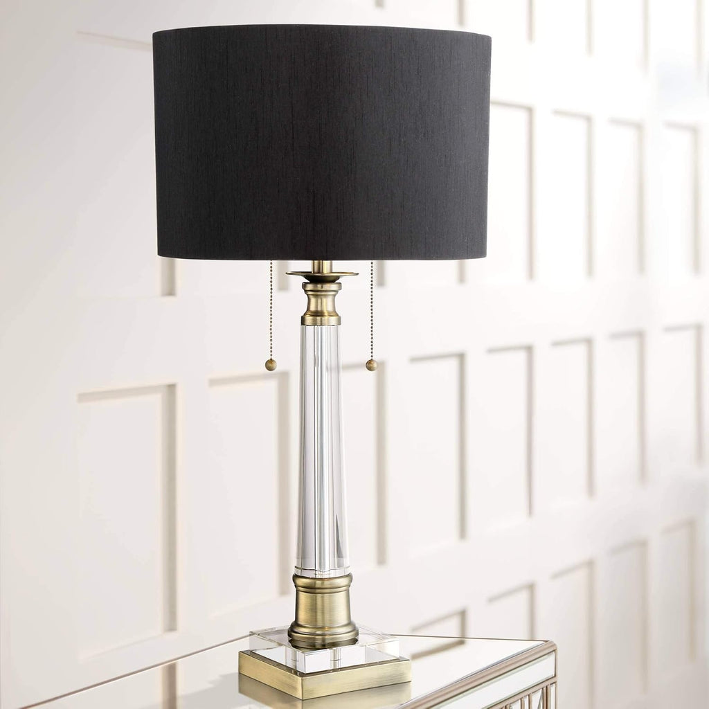 Vienna Full Spectrum Stephan 30' Tall Column Large Traditional End Table Lamps Set of 2 Pull Chain Clear Crystal Black Shade Living Room Bedroom Bedside Nightstand House Office Home Reading