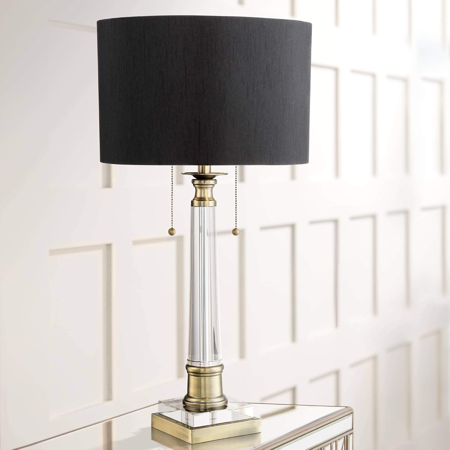 Vienna Full Spectrum Stephan 30' Tall Column Large Traditional End Table Lamps Set of 2 Pull Chain Clear Crystal Black Shade Living Room Bedroom Bedside Nightstand House Office Home Reading