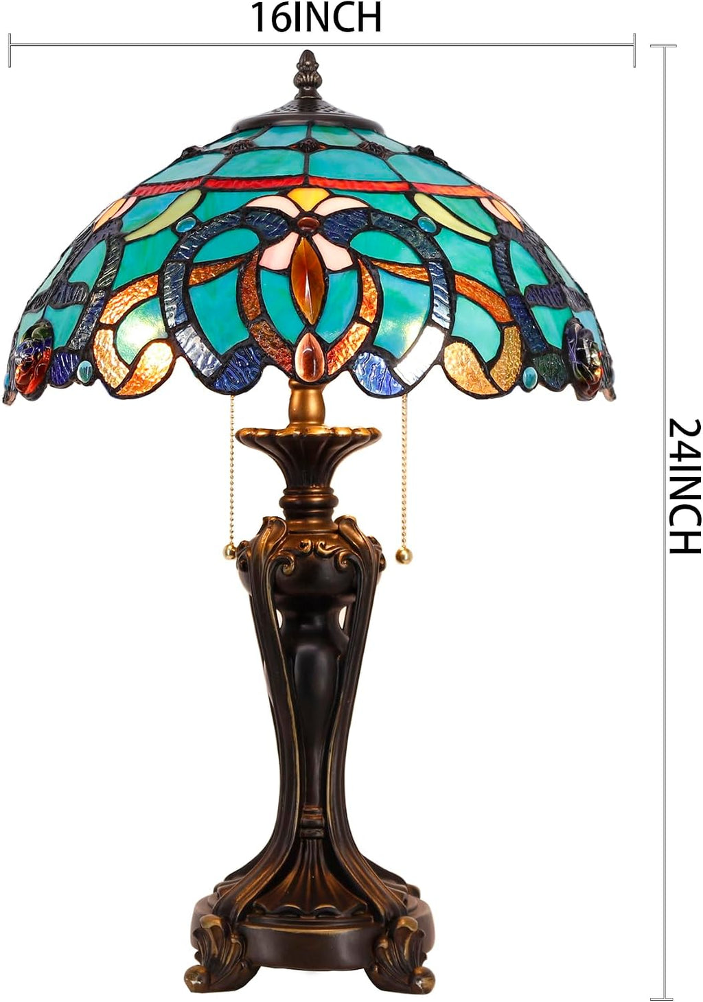 Tiffany Lamp(2 Lights) Stained Glass Table Lamp Bedside Desk Reading Light 16X16X24 Inch Decor Bedroom Living Room Home Office (Green Brown Jewelry)