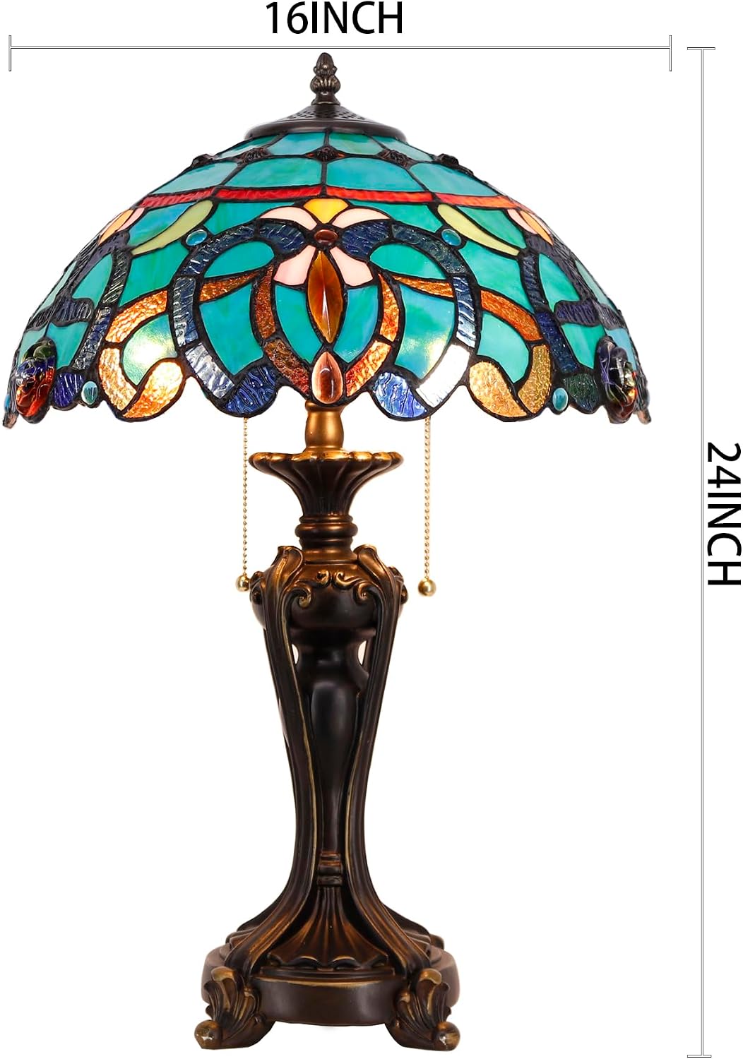 Tiffany Lamp(2 Lights) Stained Glass Table Lamp Bedside Desk Reading Light 16X16X24 Inch Decor Bedroom Living Room Home Office (Green Brown Jewelry)